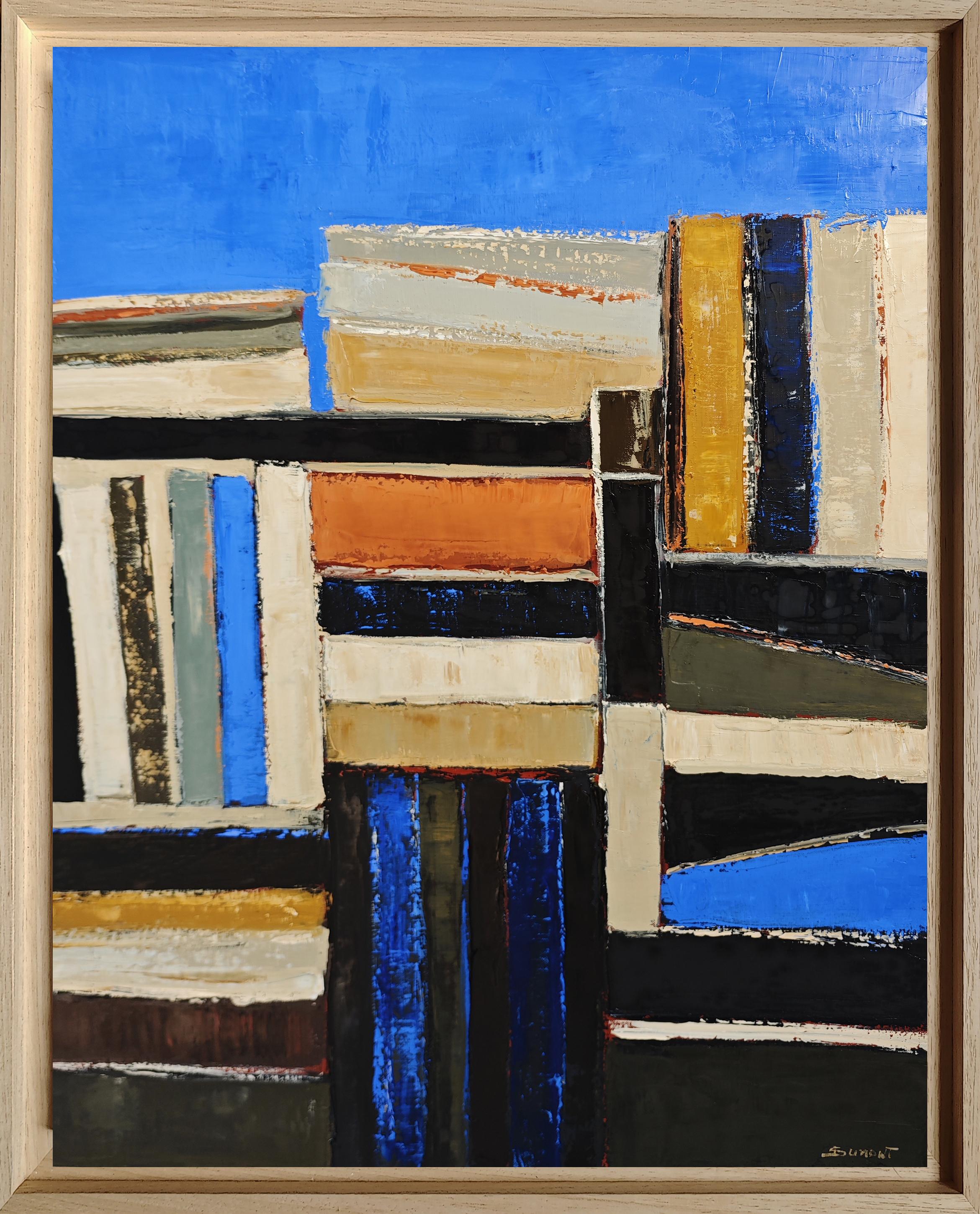 Volumes alignés, Contemporary  textured Oil on Canvas, Abstract library, books - Abstract Geometric Painting by SOPHIE DUMONT