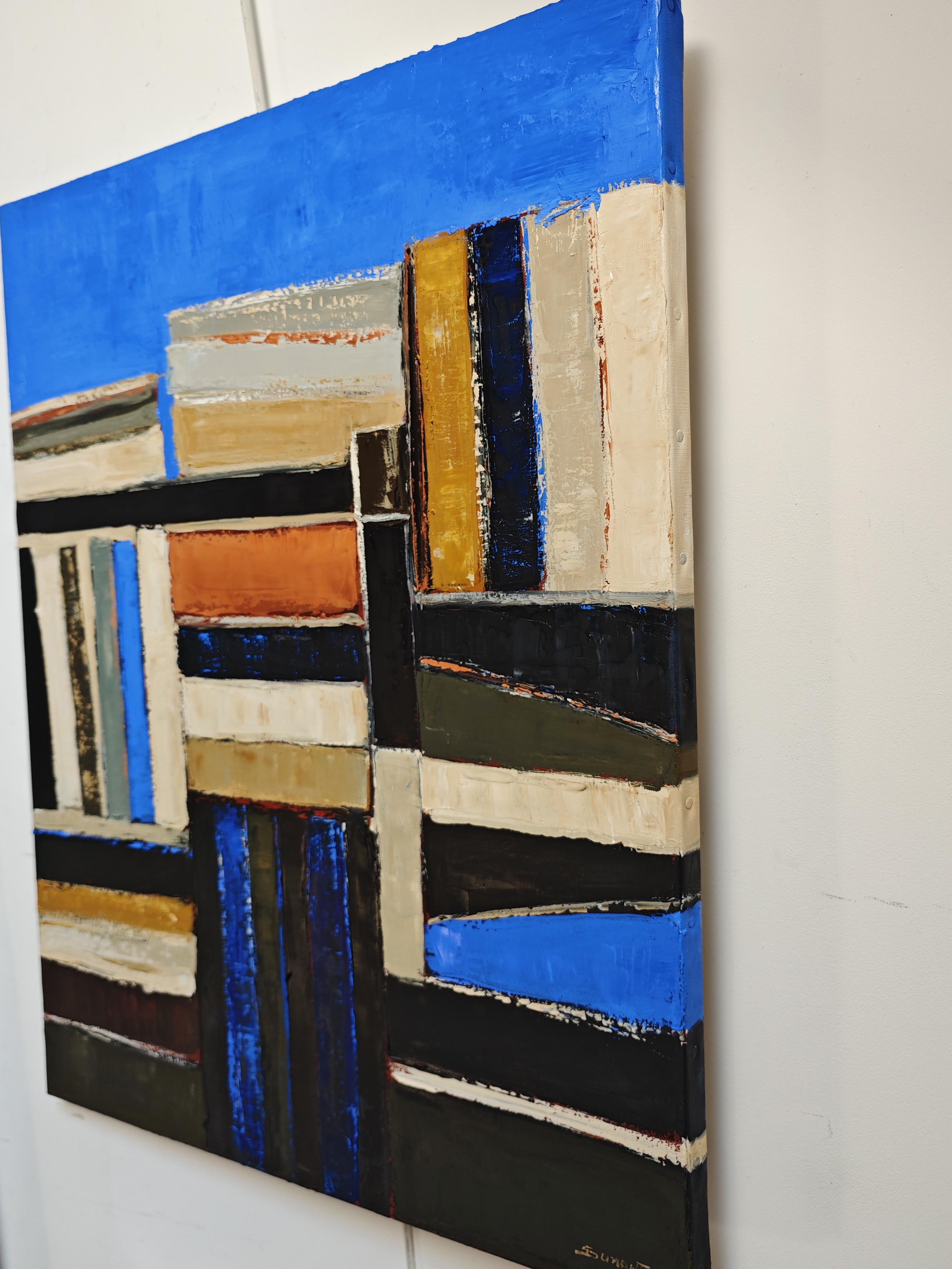 Volumes alignés, Contemporary  textured Oil on Canvas, Abstract library, books For Sale 1
