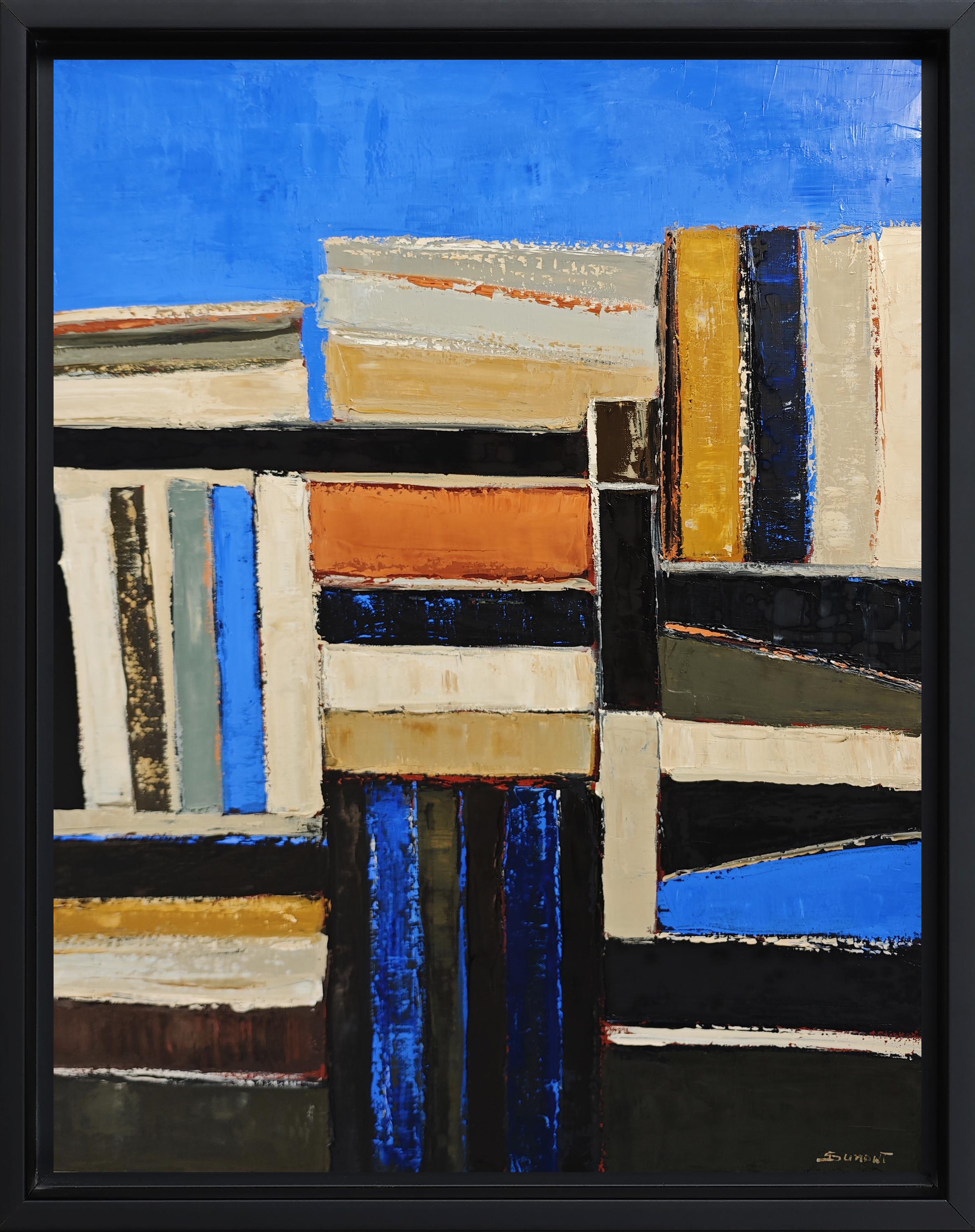 SOPHIE DUMONT Interior Painting - Volumes alignés, Contemporary  textured Oil on Canvas, Abstract library, books