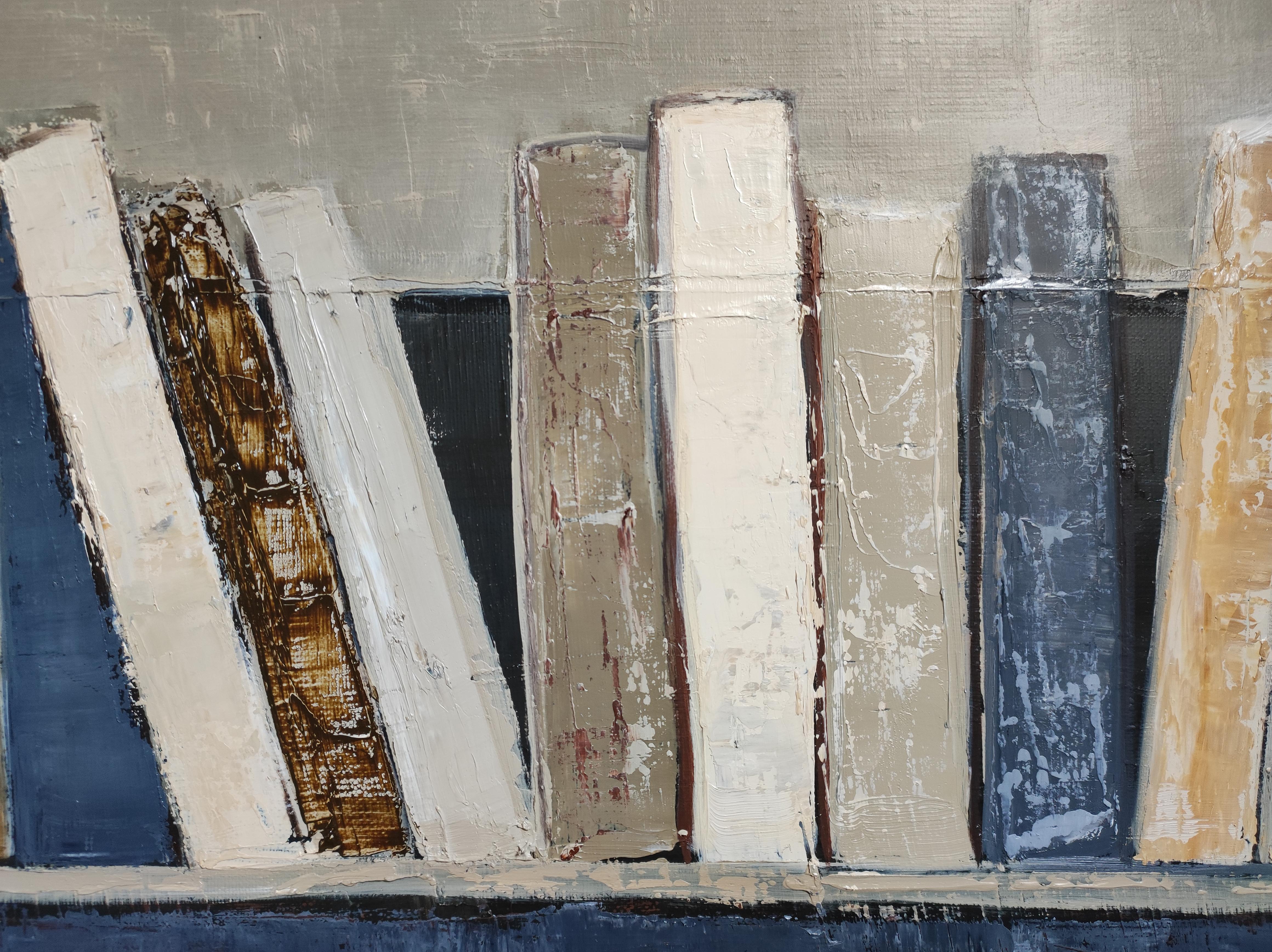 Whisper of Pages – Original Textured Abstract Library, Oil Paint, Contemporary For Sale 2