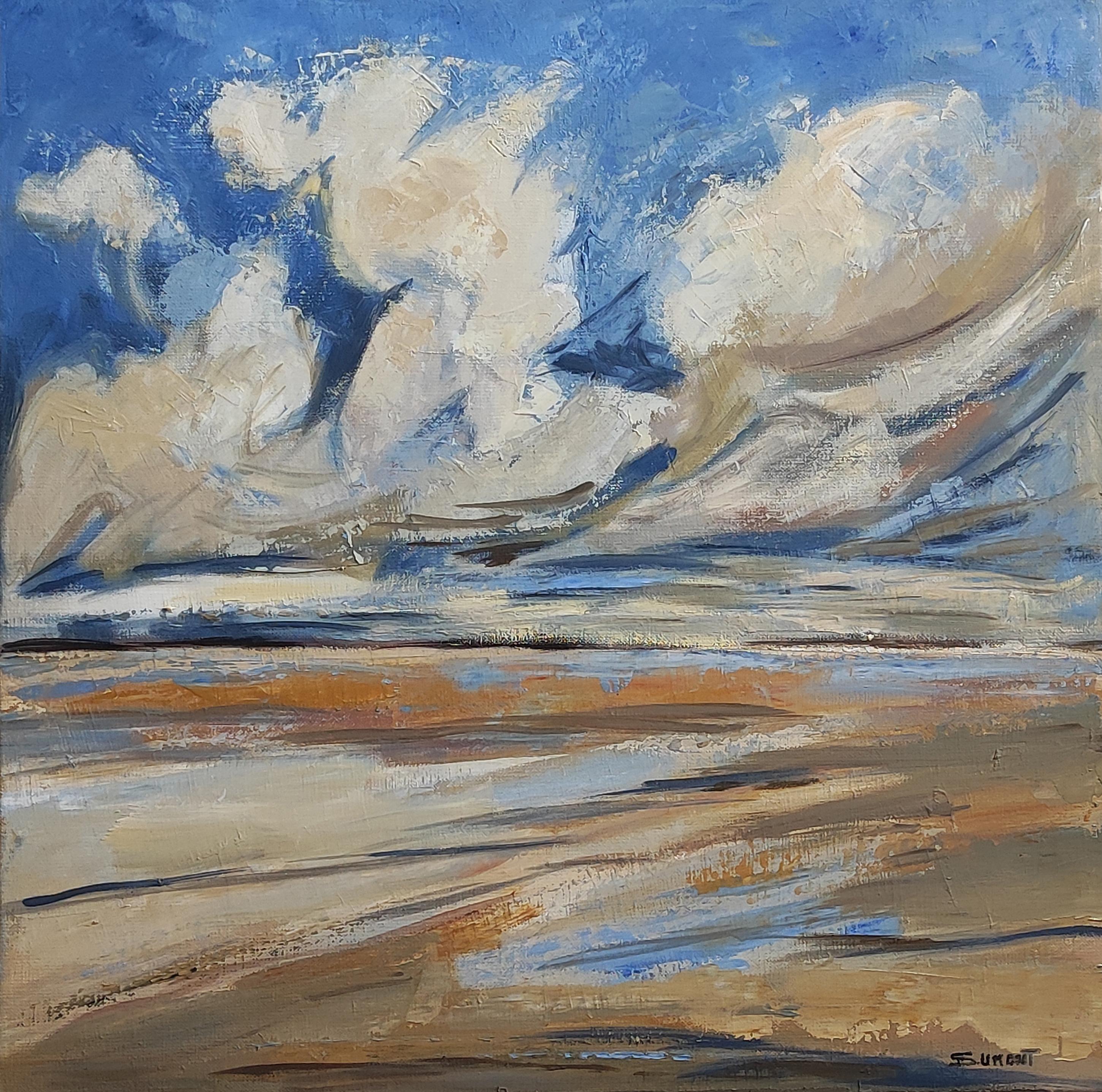 Sussurri del vento, Paesaggio marino, Mare blu, Semi astratto,  Espressionismo - Landscape Painting Grigio di SOPHIE DUMONT