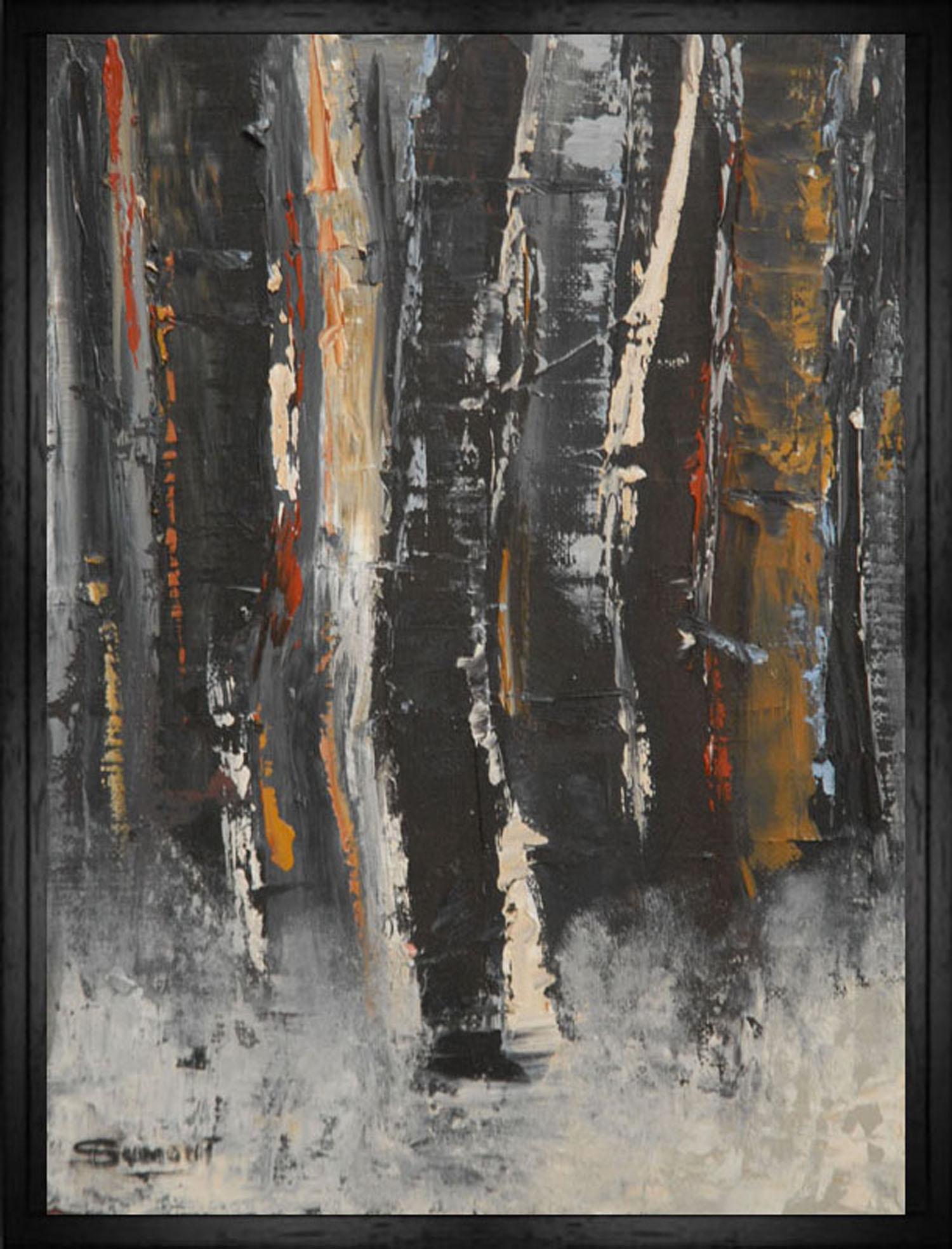 winter forest, black trees, oil on canvas, expressionism abstract, french artist - Painting by SOPHIE DUMONT