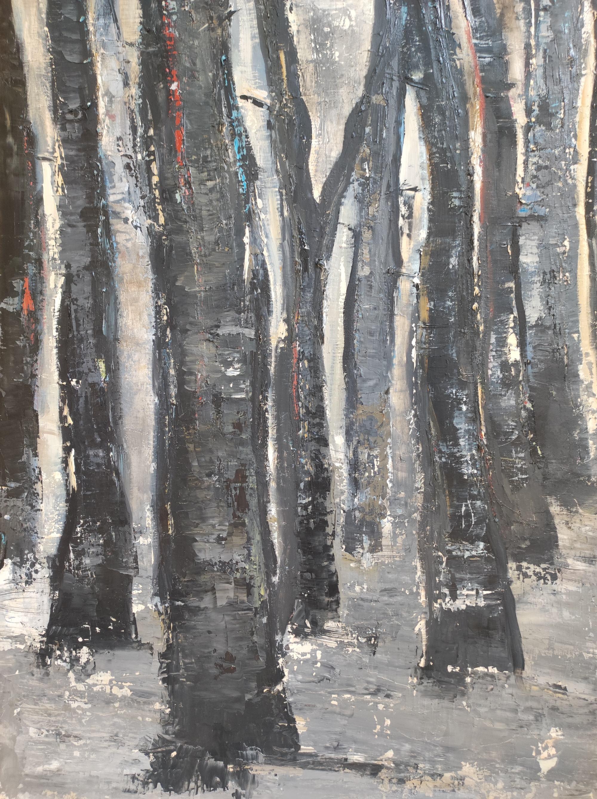 winter forest, black trees, oil on canvas, expressionism abstract, french artist - Abstract Expressionist Painting by SOPHIE DUMONT