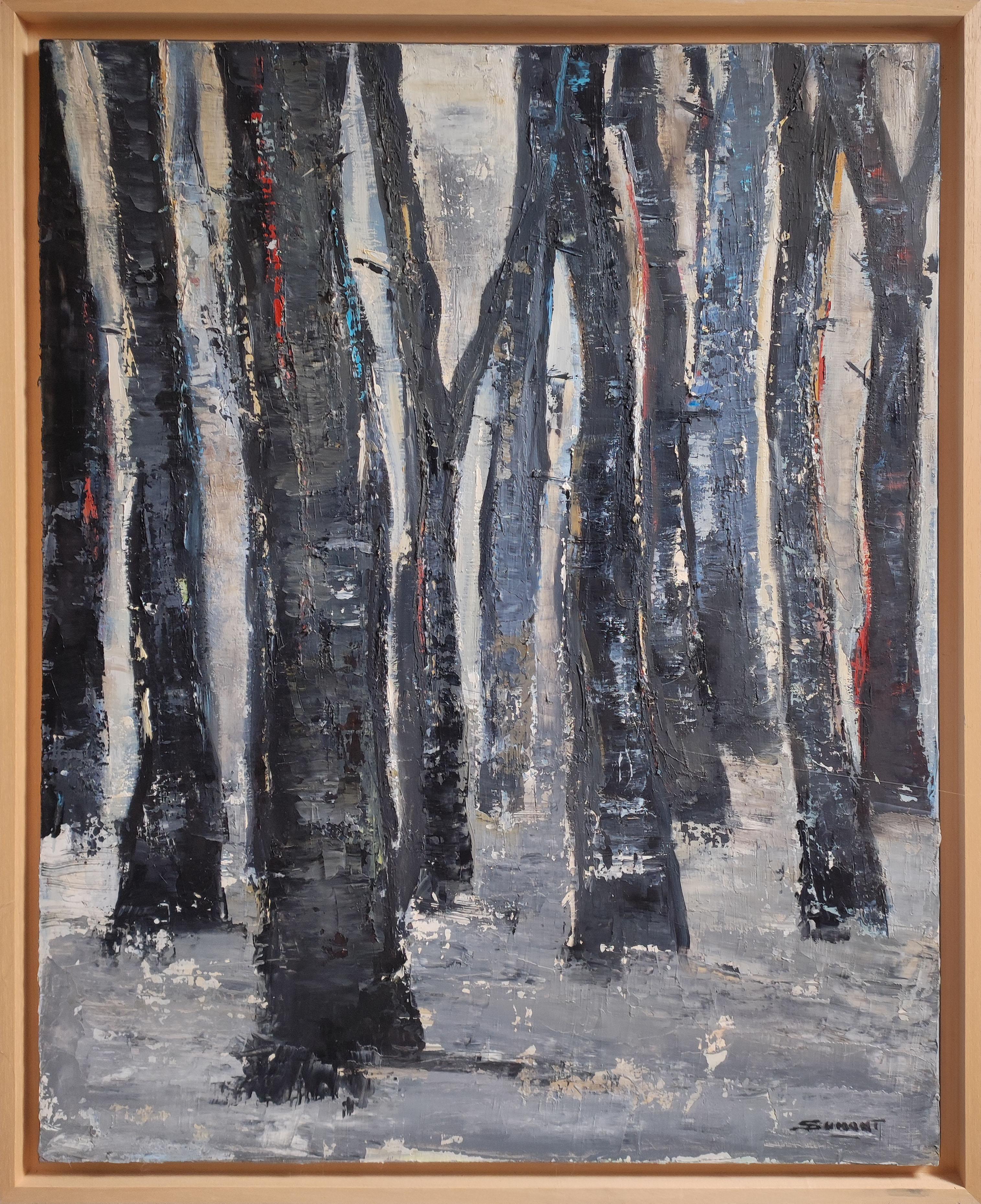 Winterwald, Schwarze Bäume, Öl auf Leinwand, Expressionismus Abstrakt, Französischer Künstler im Angebot 4