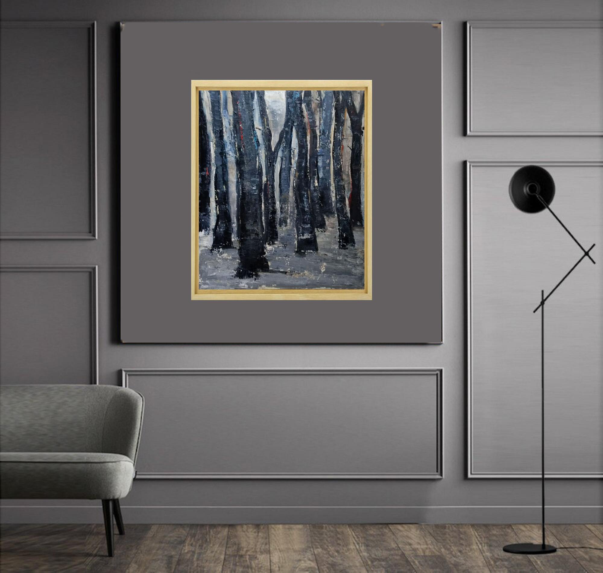 winter forest, black trees, oil on canvas, expressionism abstract, french artist For Sale 2