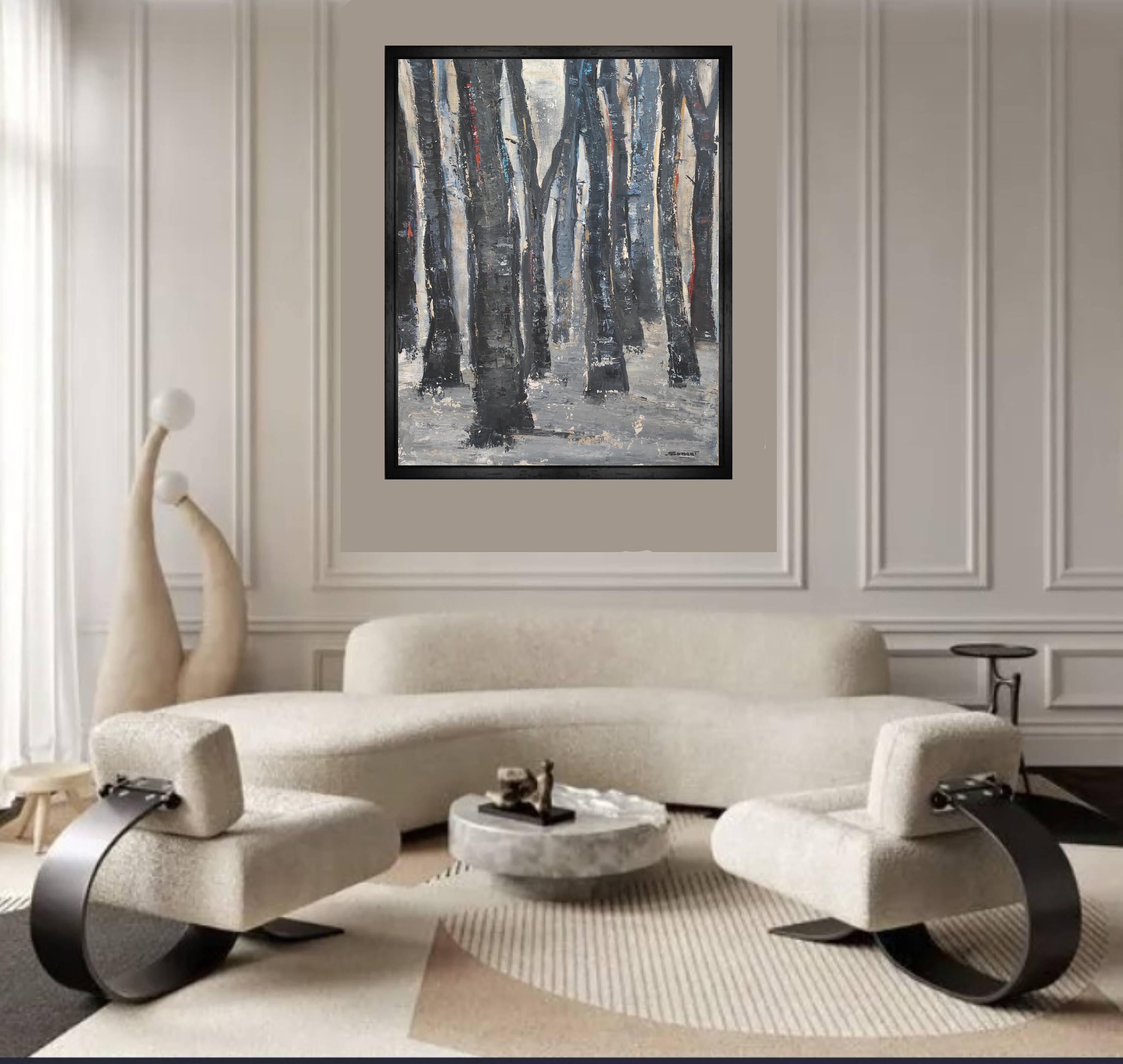 winter forest, black trees, oil on canvas, expressionism abstract, french artist For Sale 1