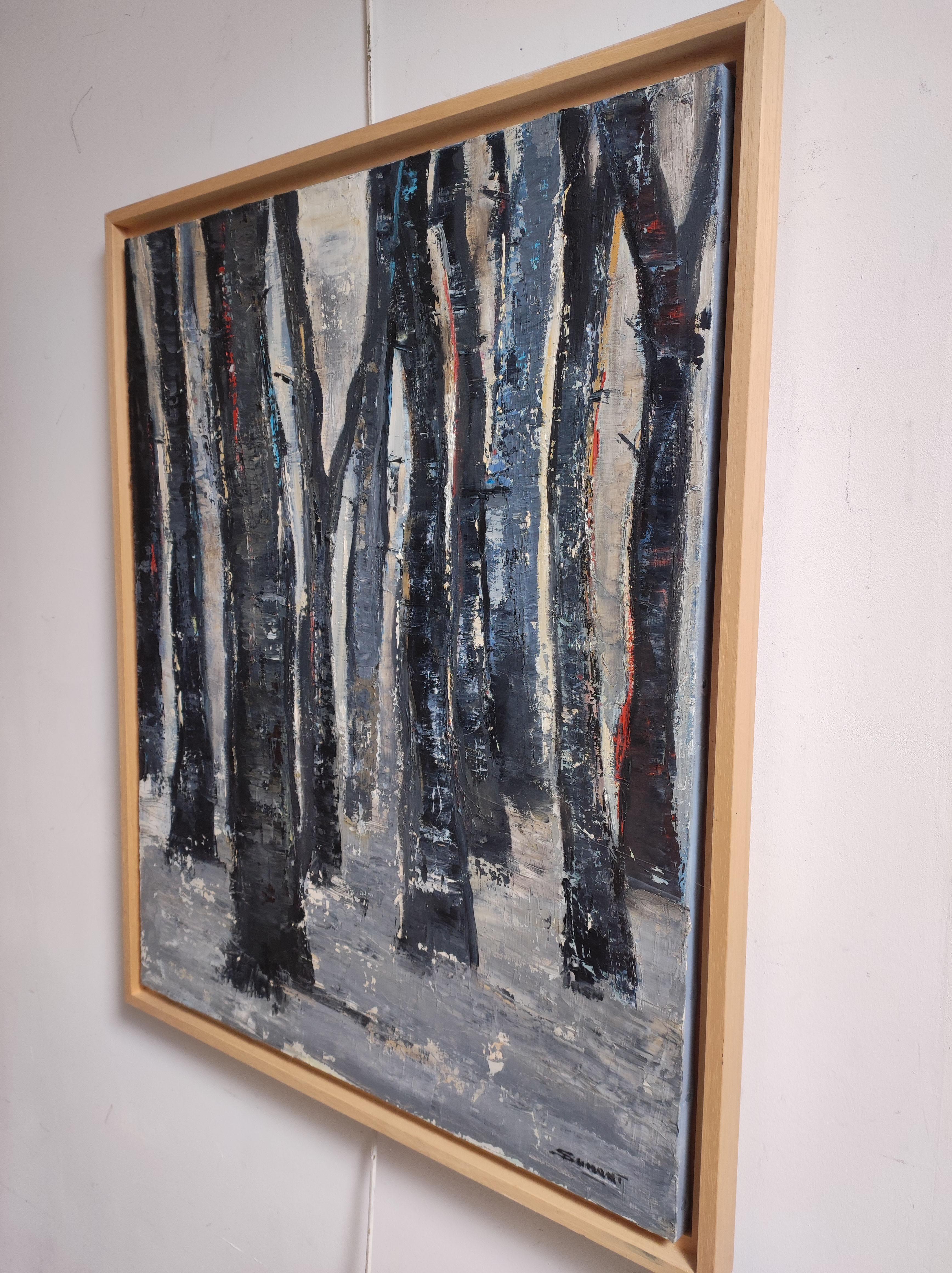 Winterwald, Schwarze Bäume, Öl auf Leinwand, Expressionismus Abstrakt, Französischer Künstler im Angebot 5