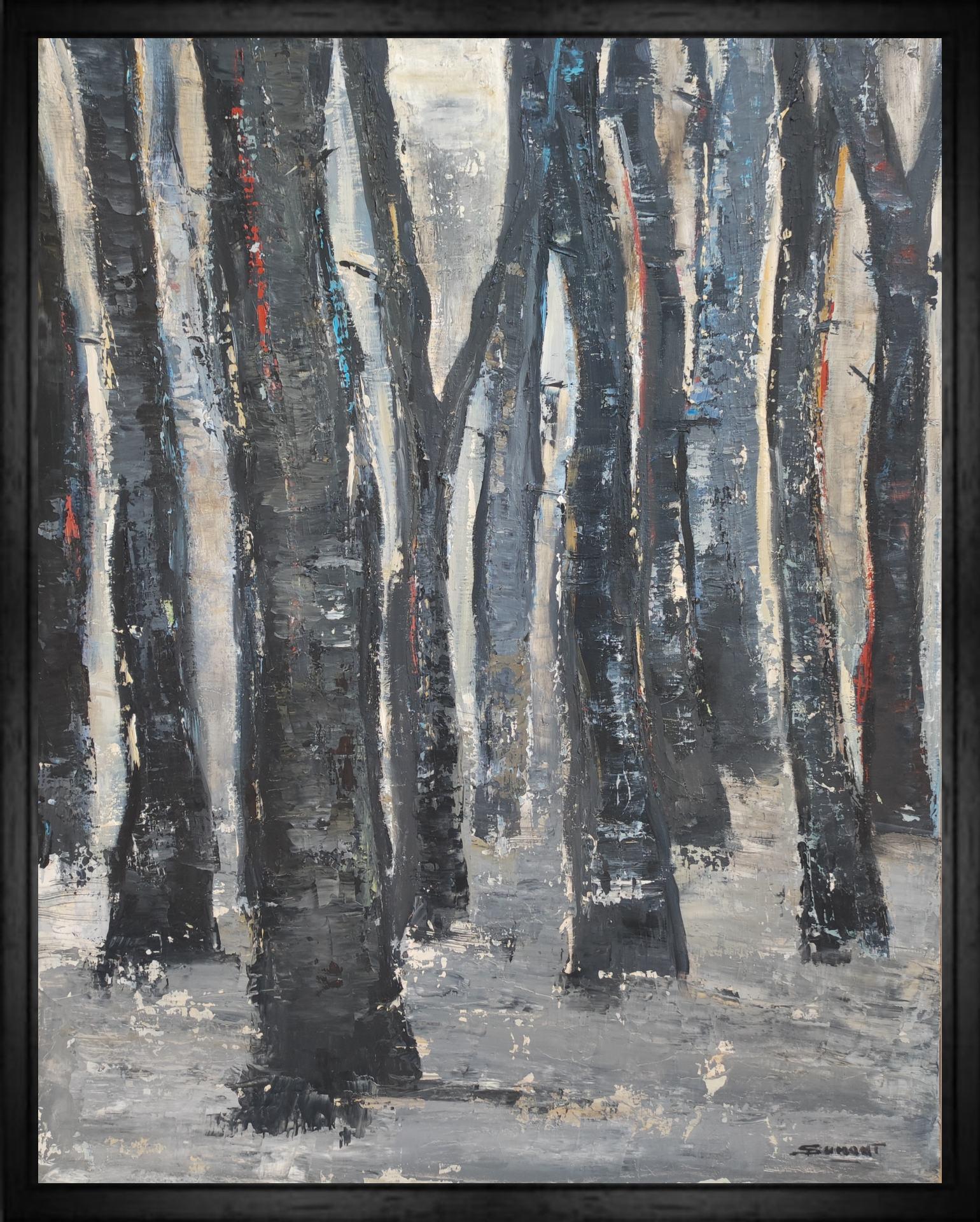 Landscape Painting de SOPHIE DUMONT - Bosque de invierno, Árboles negros, Óleo sobre lienzo, Expresionismo Abstracto, Artista francés