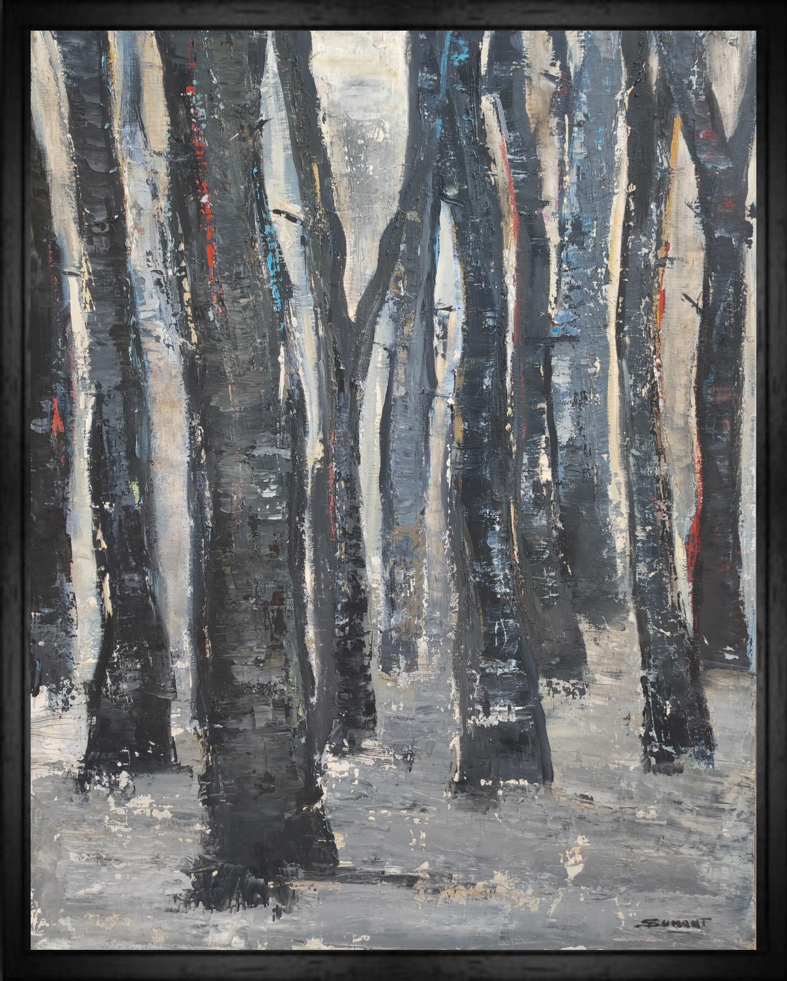 SOPHIE DUMONT Landscape Painting - winter forest, black trees, oil on canvas, expressionism abstract, french artist