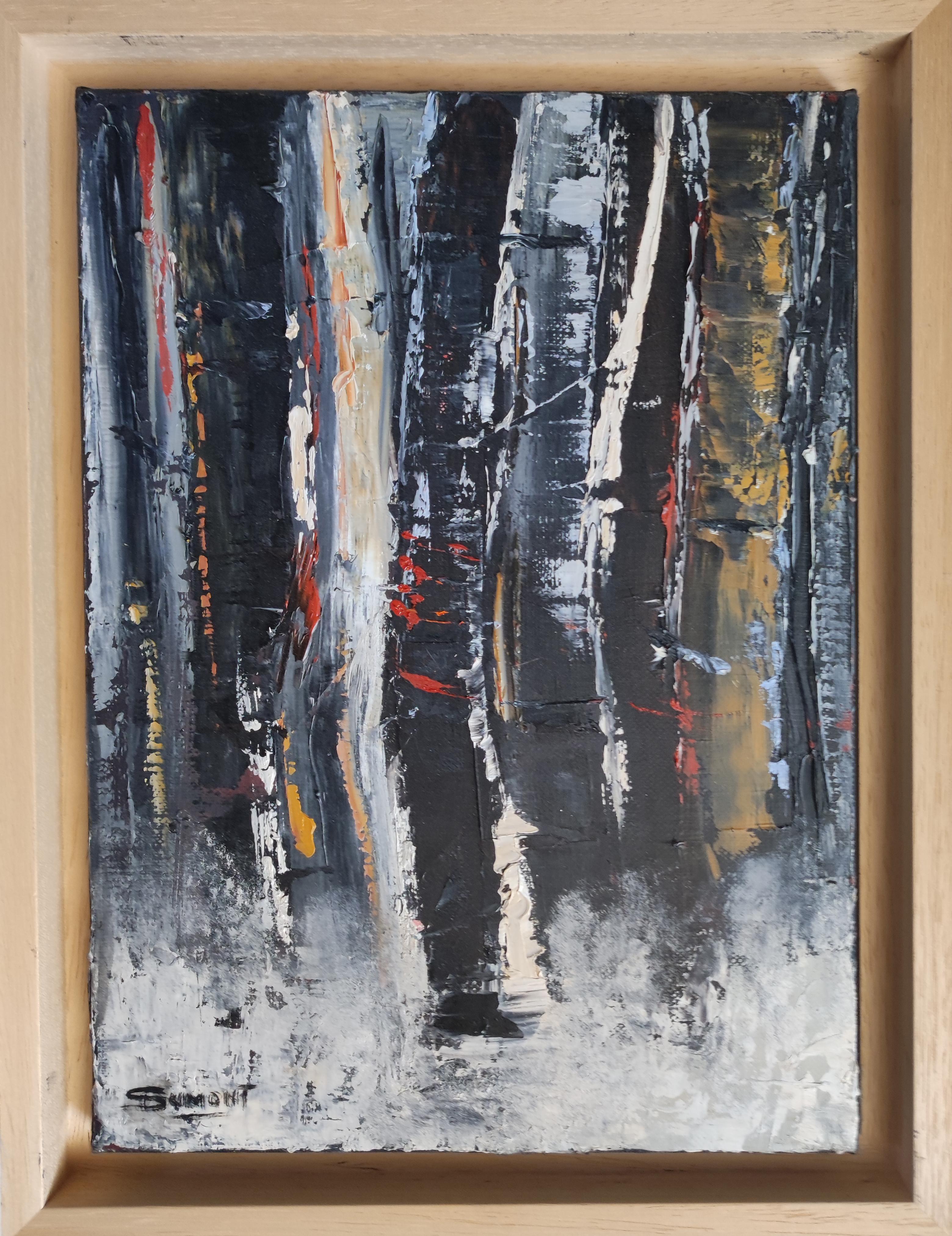 winter forest, trees, oil on canvas, expressionism abstract, 33 x 24 cm - Painting by SOPHIE DUMONT