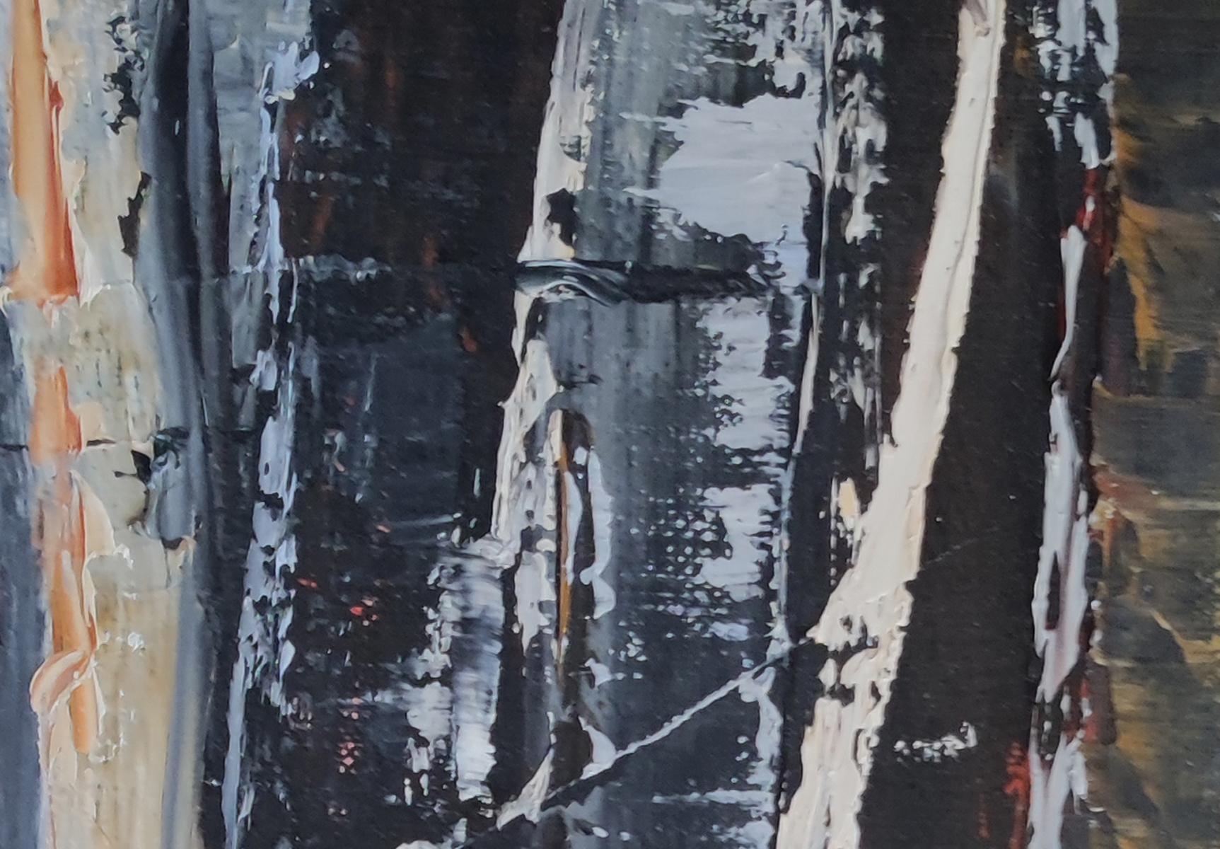 Black trees in a forest in winter.
Painting trunks in matter. oil on canvas worked with a painting knife in multiple layers bringing an interesting texture
 The subject disappears in favor of graphics. The artist aims to bring light out of the dark,