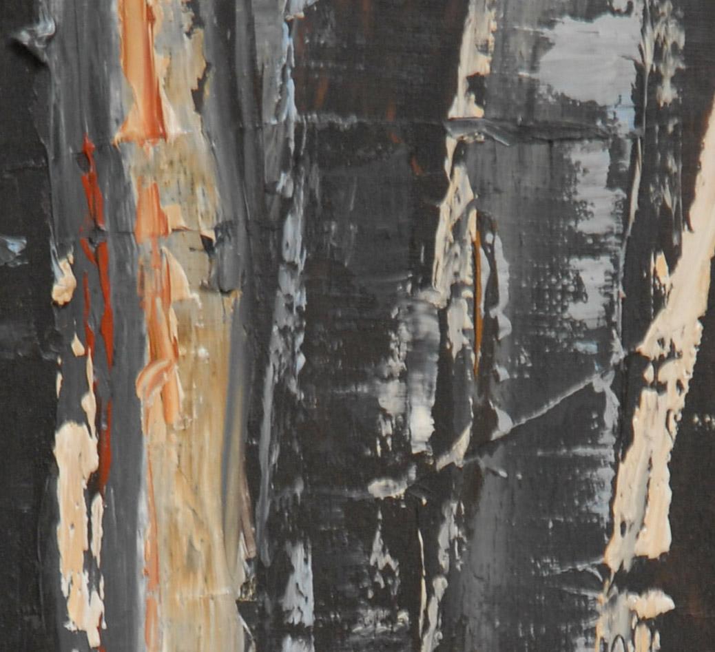 Arbres noirs dans une forêt en hiver.
Peinture de troncs en matière. huile sur toile travaillée au couteau à peindre en plusieurs couches apportant une texture intéressante.
 Le sujet disparaît au profit du graphisme. L'artiste cherche à faire