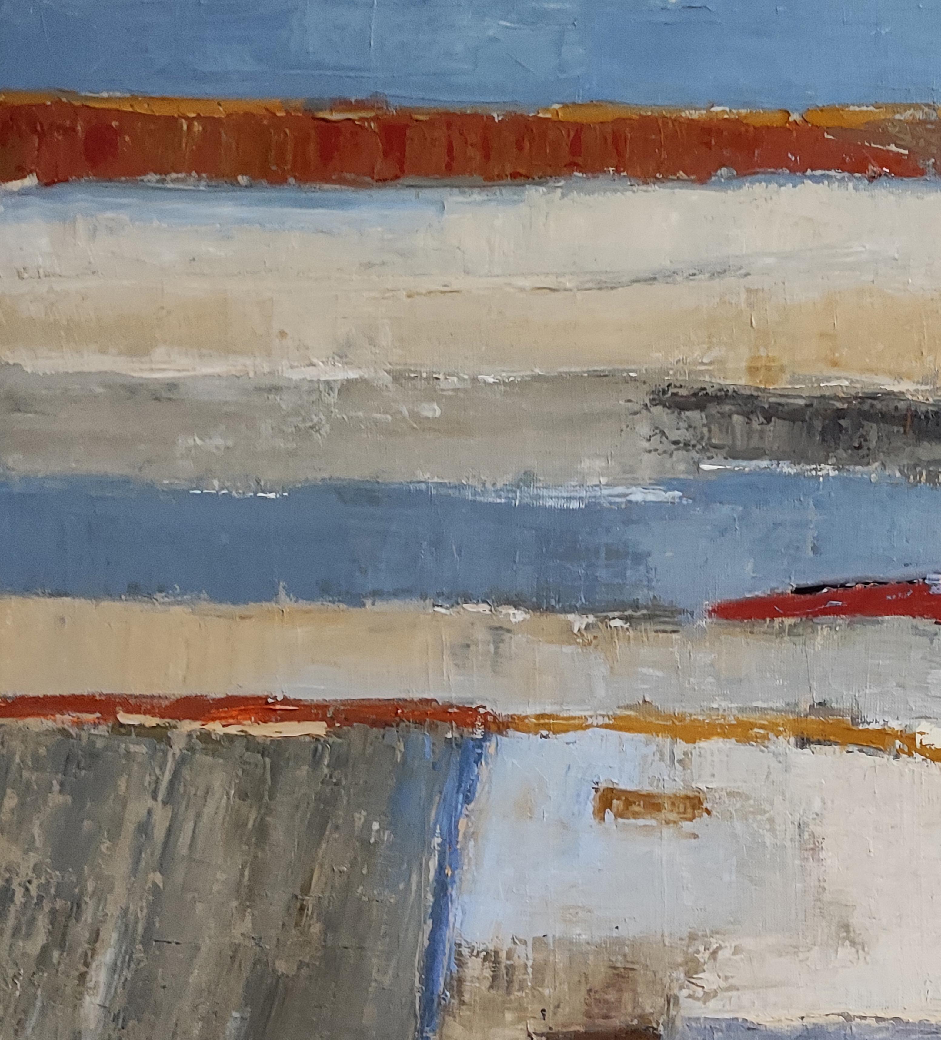 Abstract landscape in oil and knife.
The tangle of plots of fields in Normandy in winter translated by Sophie Dumont. The palette remains in a dominant of blue, greige and ocher with always a multitude of layers which gives a real vibration to the