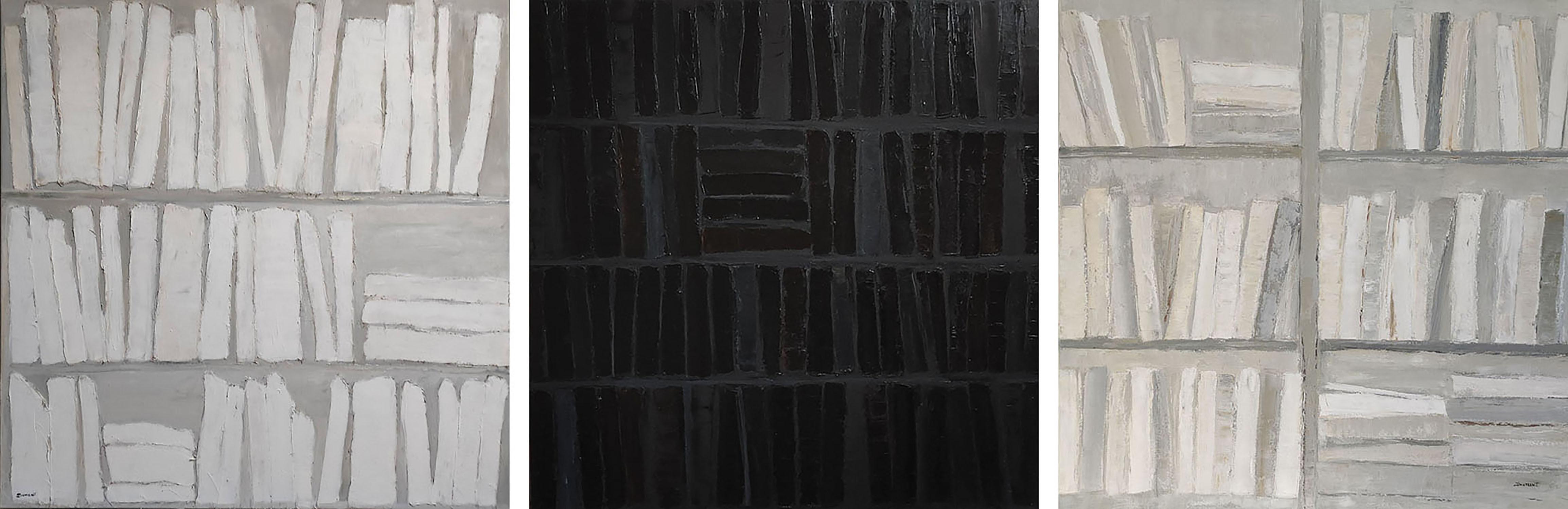 Zen, Astratto, Trittico contemporaneo, Bianco e nero, Minimalismo, Francese - Interior Painting Nero di SOPHIE DUMONT