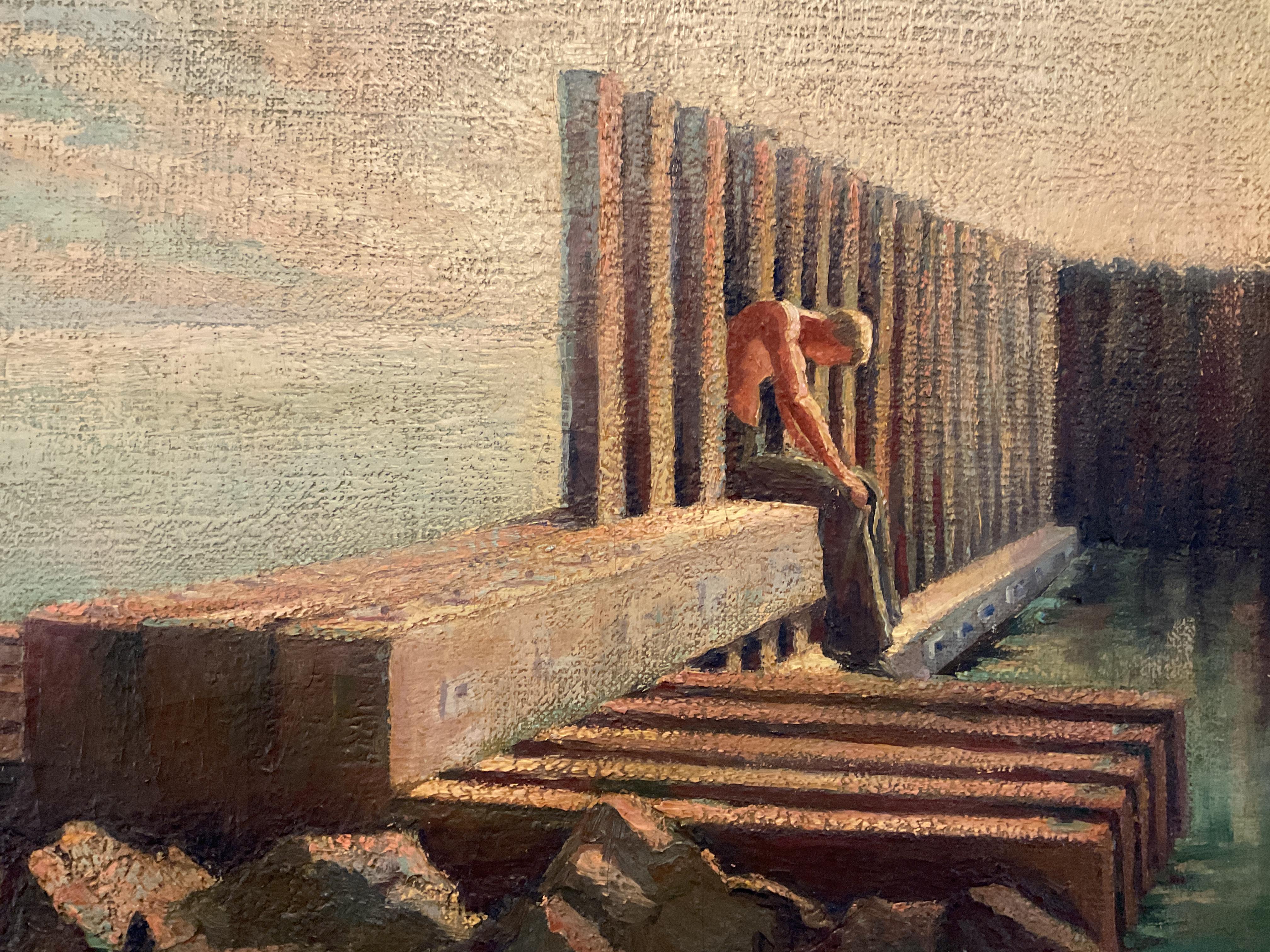 Scena modernista d'epoca di Filadelfia, olio su tela, di Sophie Parsons, 1940 ca. - Painting di Sophie F. Parsons