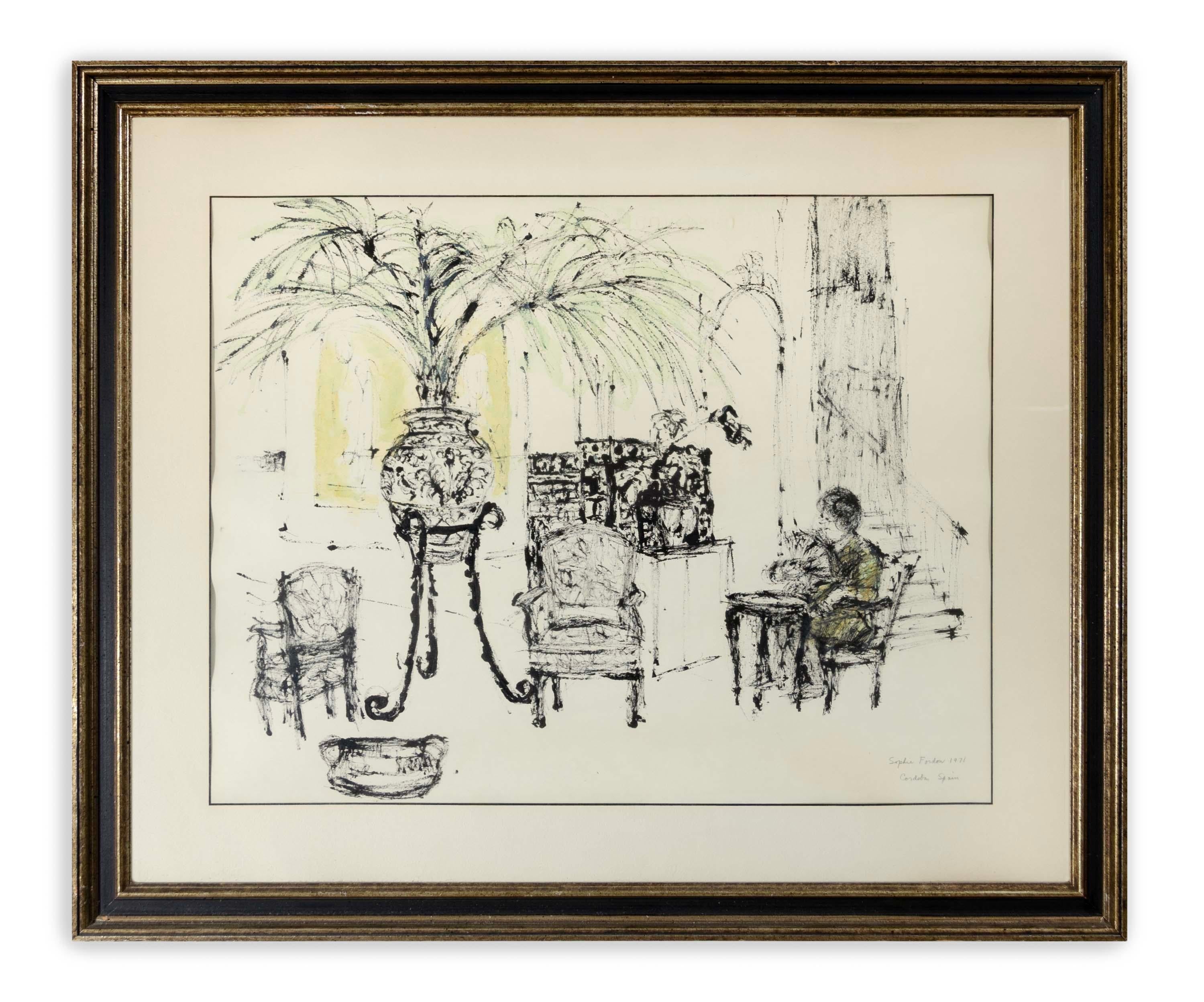 Americano Sophie Fordon Cordoba Spagna 1971 Disegno acquerello modernista firmato e incorniciato in vendita