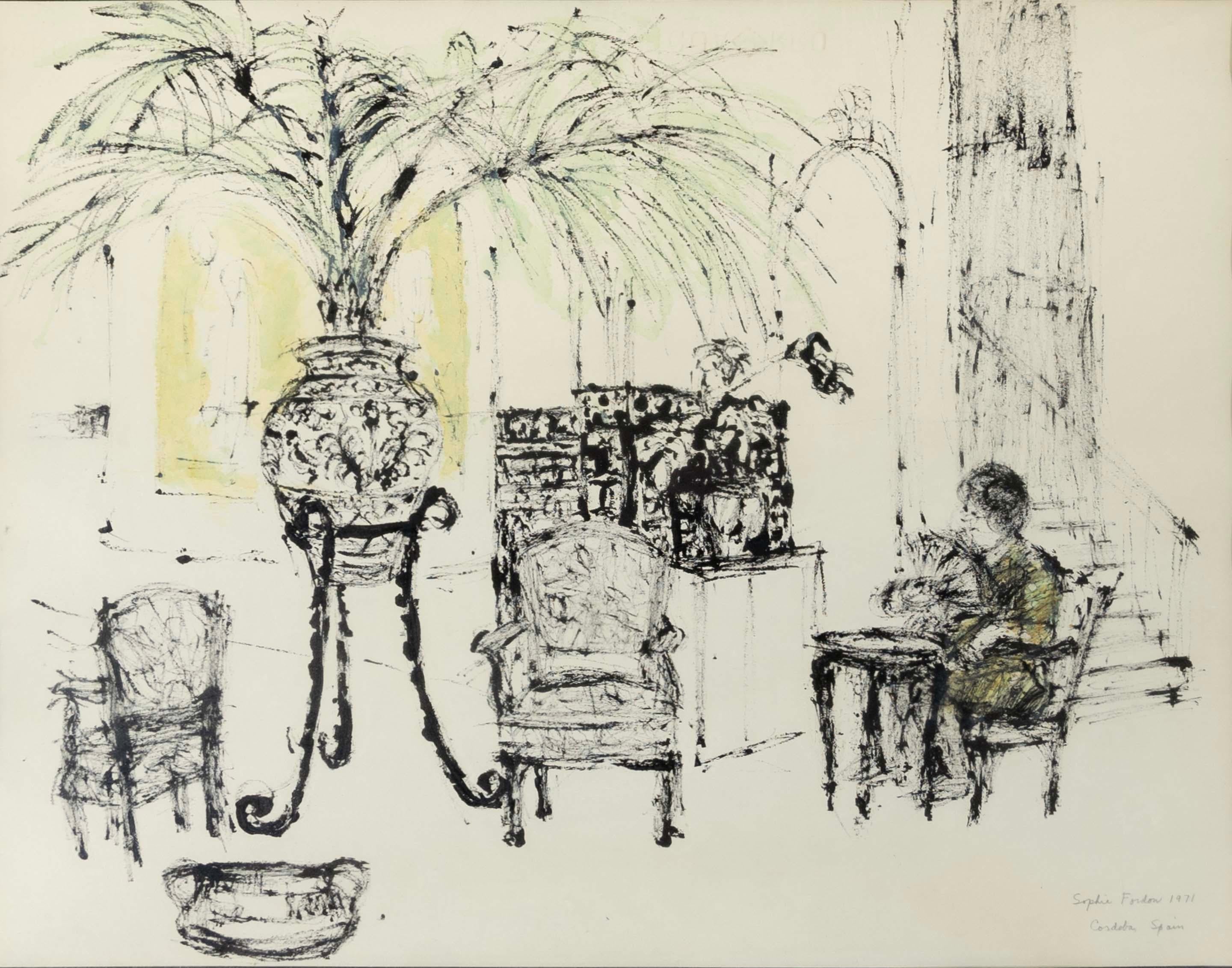 Sophie Fordon Cordoba Spagna 1971 Disegno acquerello modernista firmato e incorniciato In condizioni buone in vendita a Keego Harbor, MI