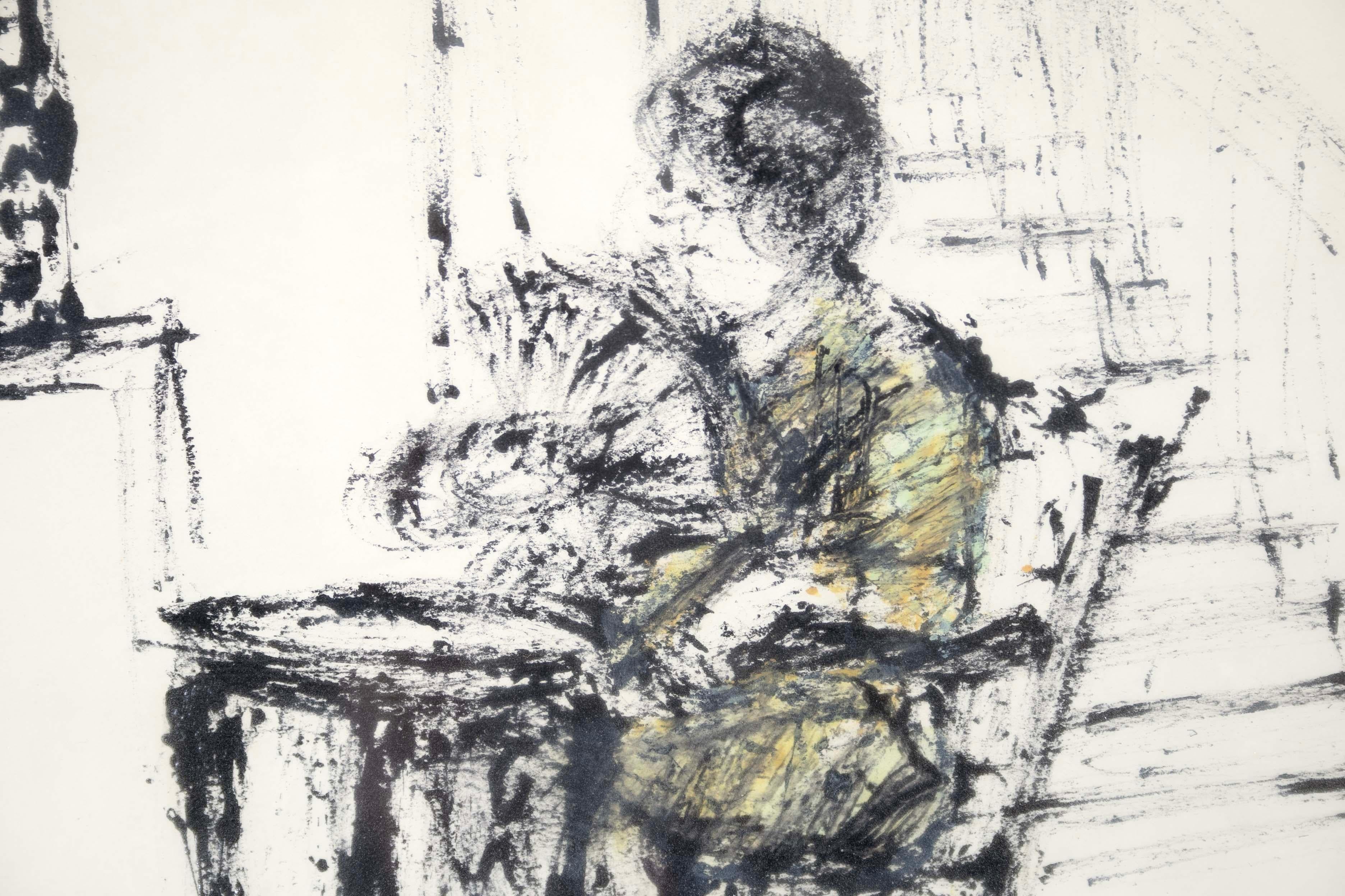 Fine XX secolo Sophie Fordon Cordoba Spagna 1971 Disegno acquerello modernista firmato e incorniciato in vendita