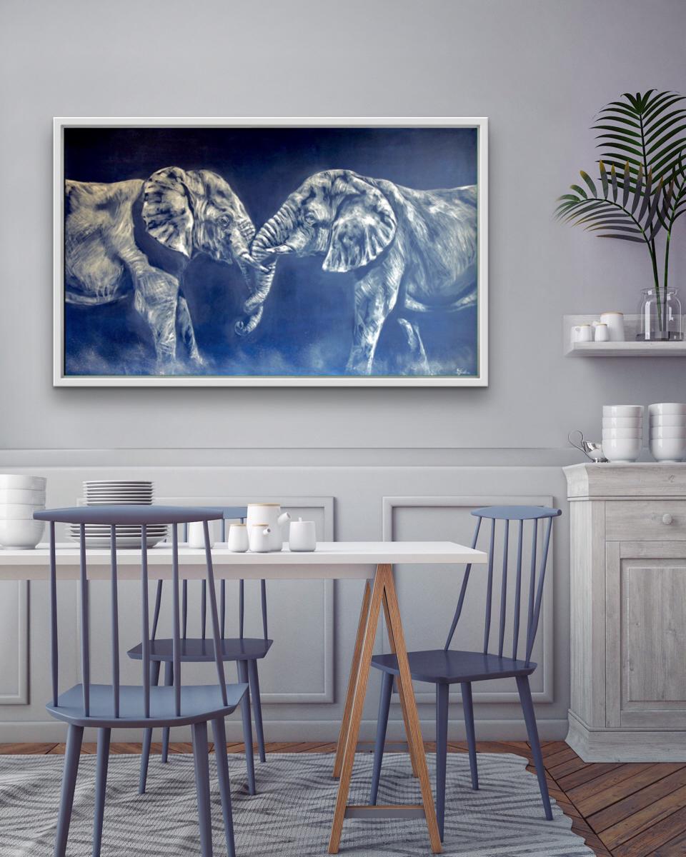 Duel, Original Elephant Painting, Safari Animal Art, Landscape Wildlife Painting - Blue Landscape Painting by Sophie Harden