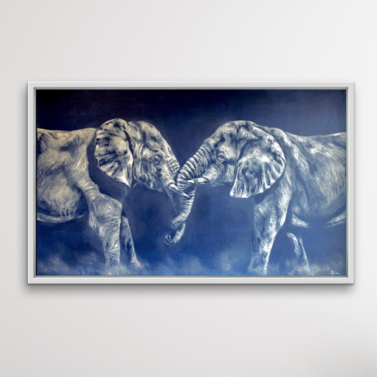 Duel is an original oil painting by Sophie Harden. This wonderful painting of two fighting bull elephants, kicking up the dust as they go has been inspired by Sophie’s travels to Kenya. Painted on dark a blue background, using contrasting white oil