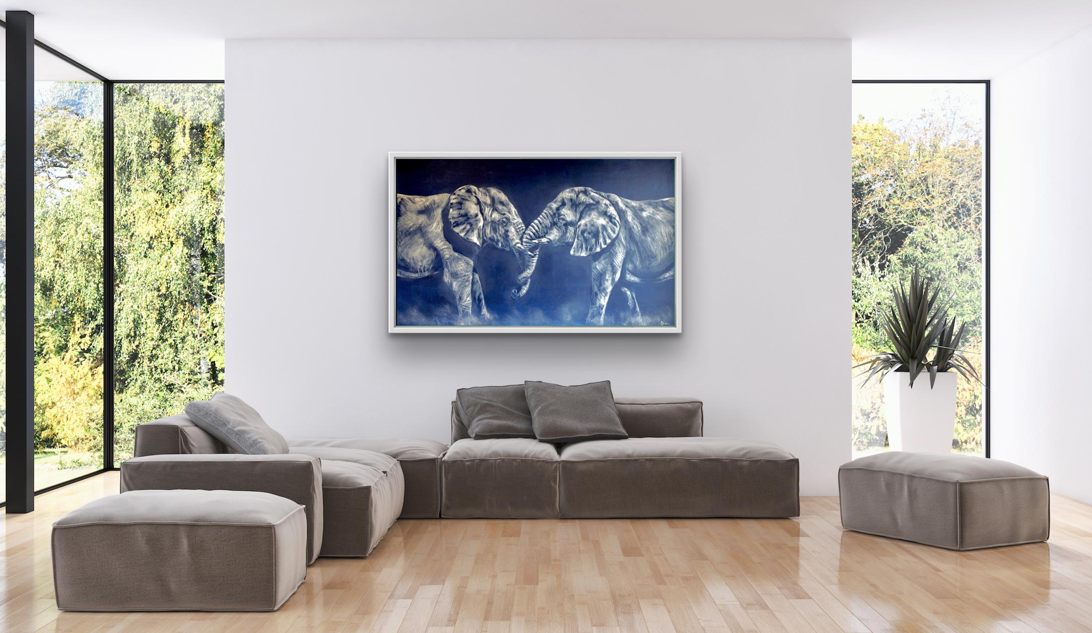 Peinture originale d'éléphant, Art animalier de safari, Peinture de paysage de faune - Bleu Landscape Painting par Sophie Harden