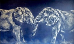 Duelo, Pintura original de elefante, Arte de animales de safari, Paisaje Pintura de vida salvaje