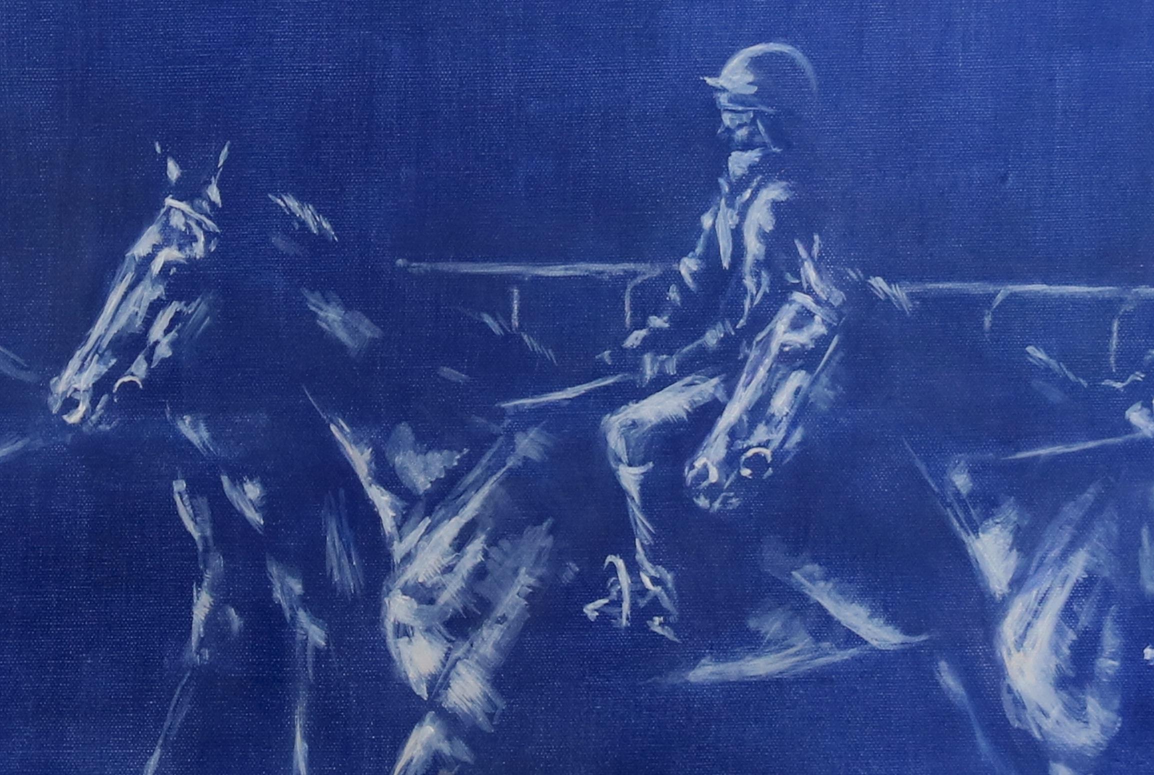 Four horses heading out to do their first mornings work from the yard in Newmarket. All quietly walking towards the bottom of the gallop as the sun is rising. A huge statement piece in a wonderful deep royal blue.

Additional information:
Oil Paint