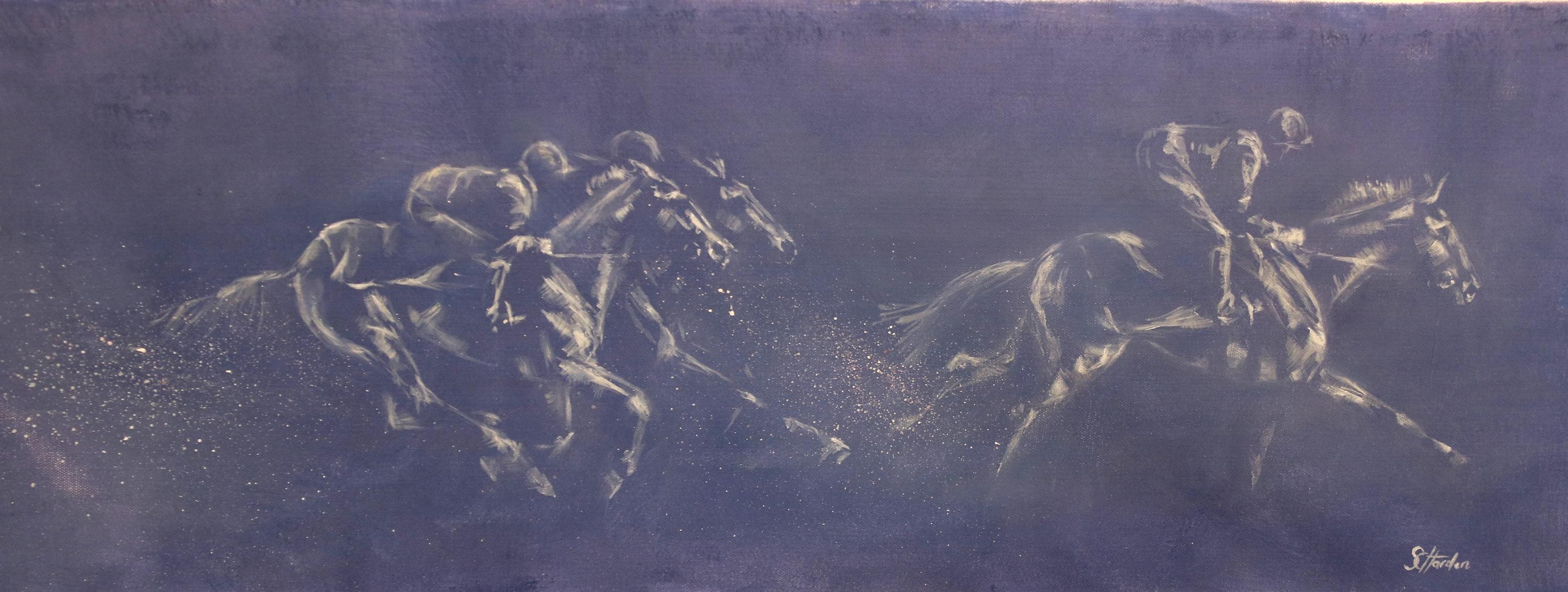 Figurative Painting di Sophie Harden - Occhiali abbassati, quadro originale di cavalieri in blu