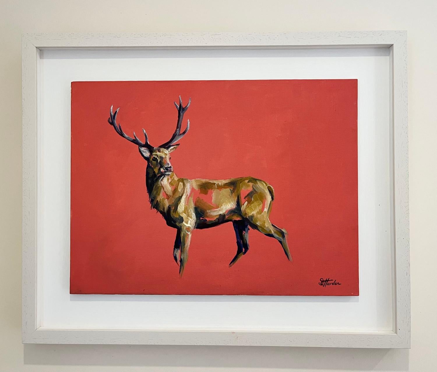 Hart of Mine, Deer Art, Stag Art, Contemporary Animal Art, Bright Scottish Art - Red Animal Painting by Sophie Harden