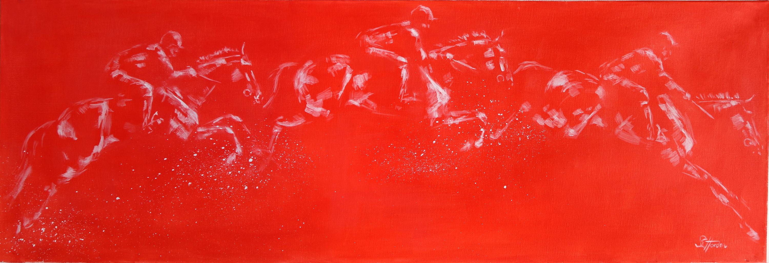 Sophie Harden Animal Painting - Schooling, Original Red Painting of Horse Riders