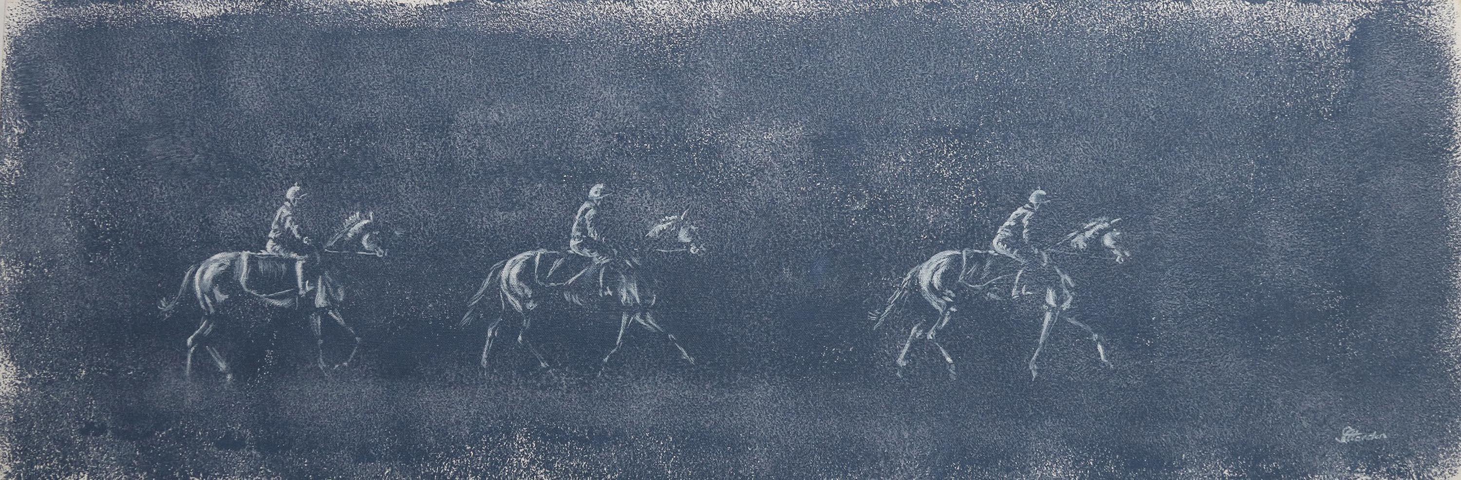 Sophie Harden Animal Painting - The Morning Parade, Original Blue Painting of Horse Riders
