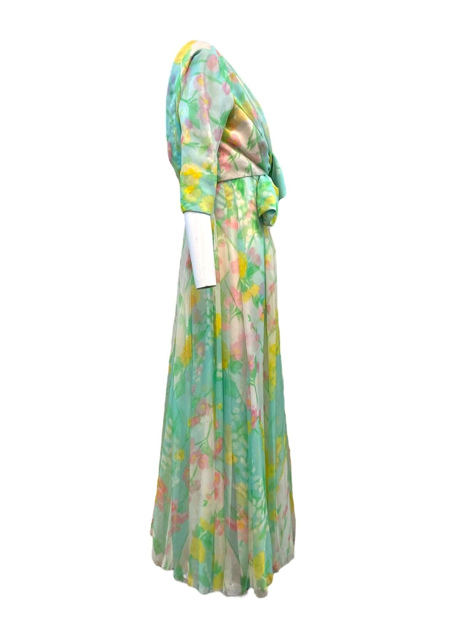 Green Sophie of Saks Pastel Watercolor Silk Chiffon Gown with Jacket, 1970s For Sale