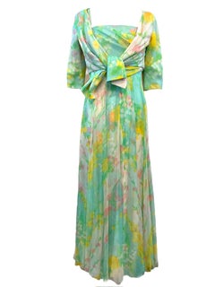 Vintage Sophie of Saks Pastel Watercolor Silk Chiffon Gown with Jacket, 1970s