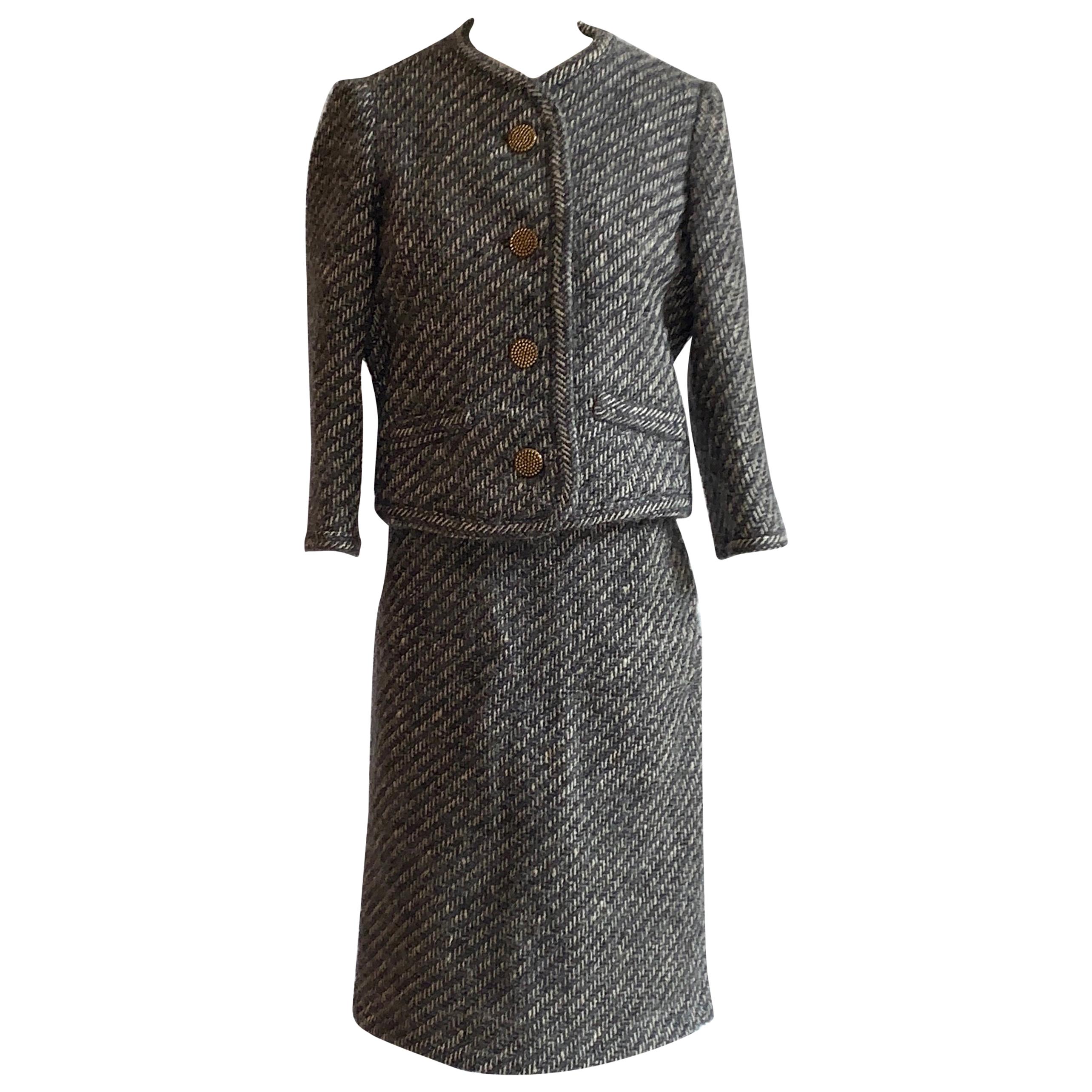 Sophie of Saks Sophie Gimbel Grey 1960s Skirt Suit in Grey and White Fuzzy Weave For Sale