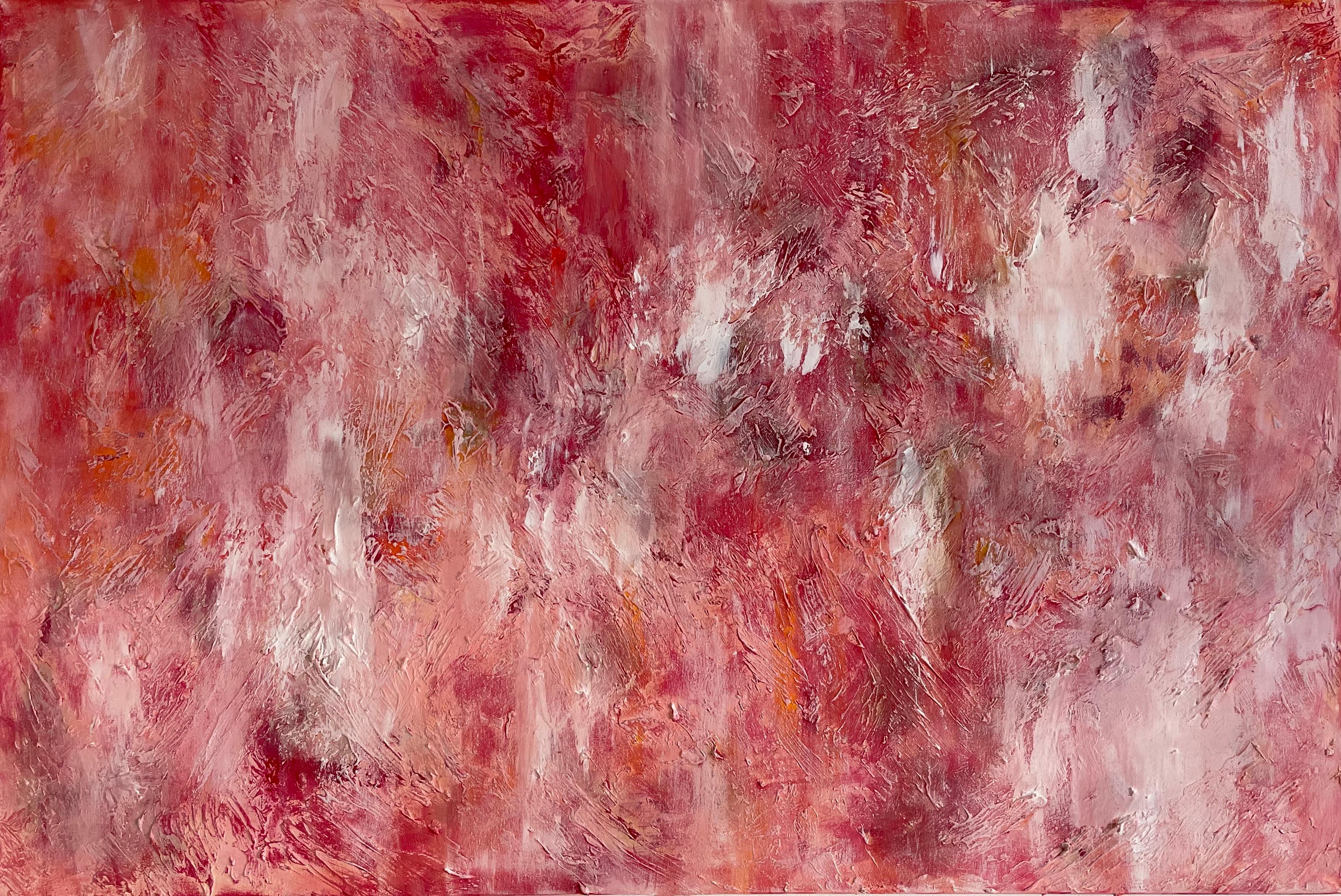 Introducing "In Love," a mesmerising abstract expressionistic painting by contemporary artist Sophie Pollock. This artwork features a palette of soft rose and pink nuances, subtly blending with hints of white and orange. The delicate and harmonious