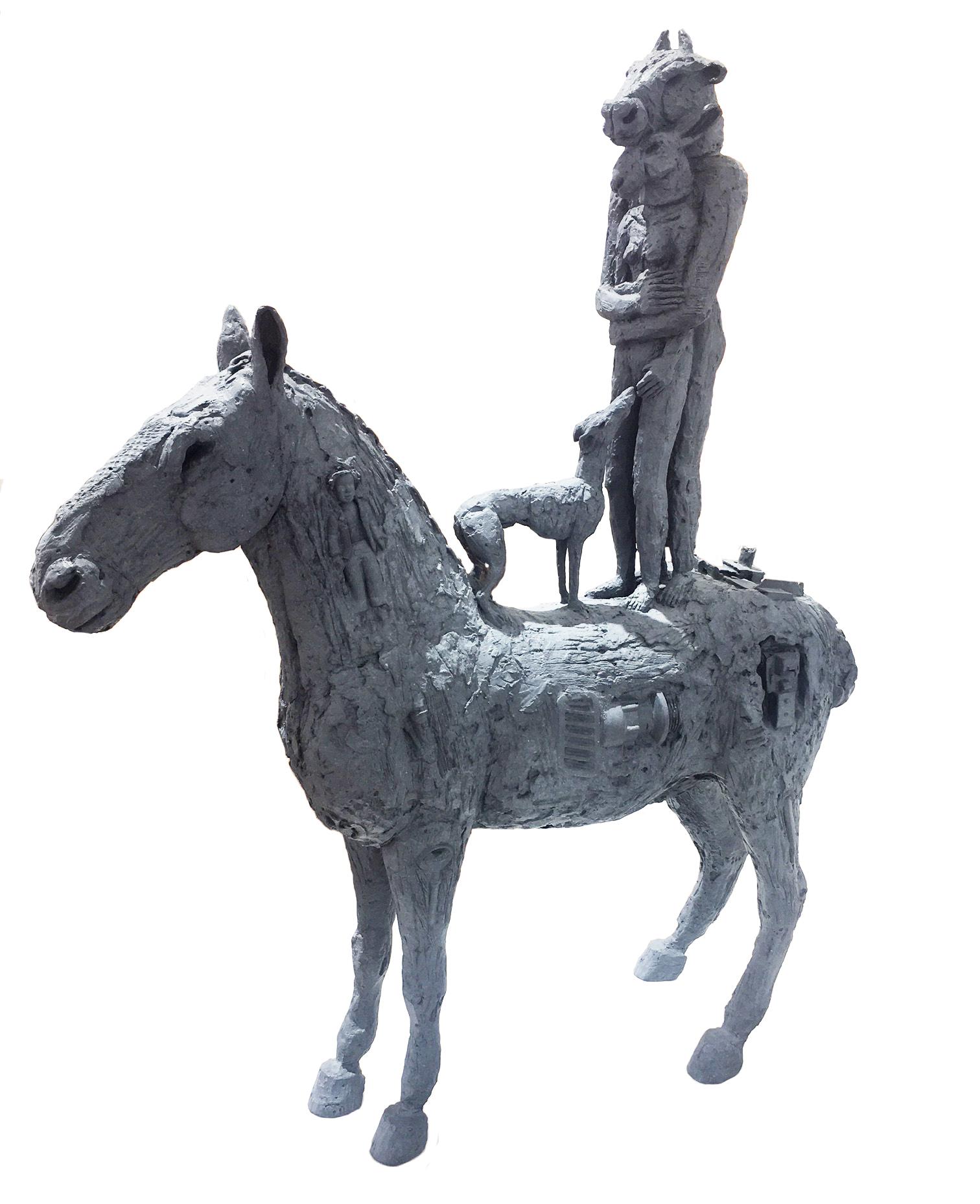 Sophie Ryder Figurative Sculpture - Standing Lovers on Horseback with Dog (B/17/12) 