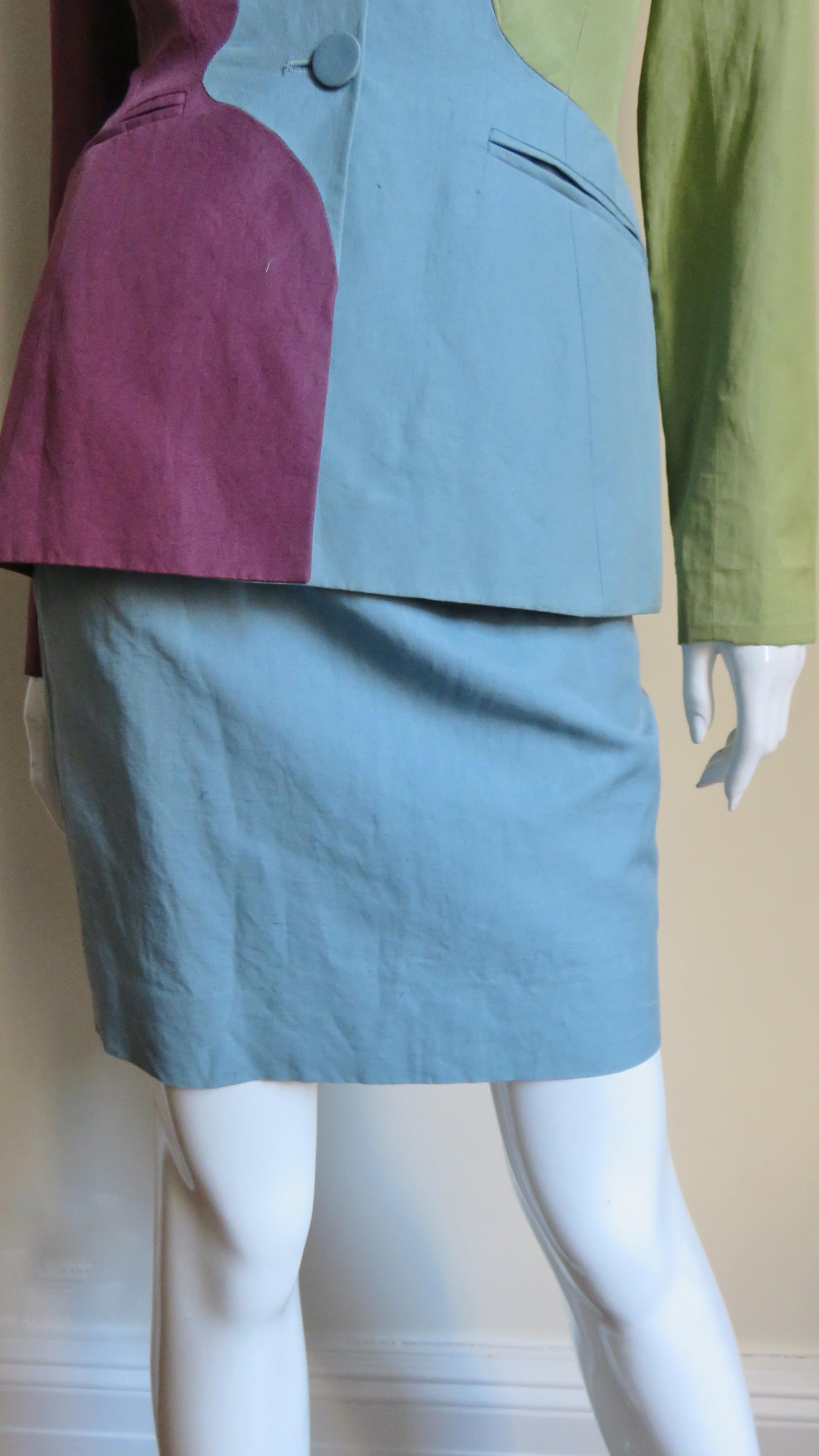 Blue Sophie Sitbon Color Block Skirt Suit For Sale