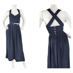 Sophie Sitbon Vintage Navy Blue Polka Dot Palazzo Pants & Crop Top Trouser Suit