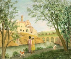 Figures and Spaniel Walking Along The Promenade Signed Oil Painting