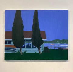 Boat House in Onekama, Night Landscape with House and Boats in Blue and Green