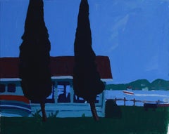 Boat House in Onekama, Night Landscape with House and Boats in Blue and Green 