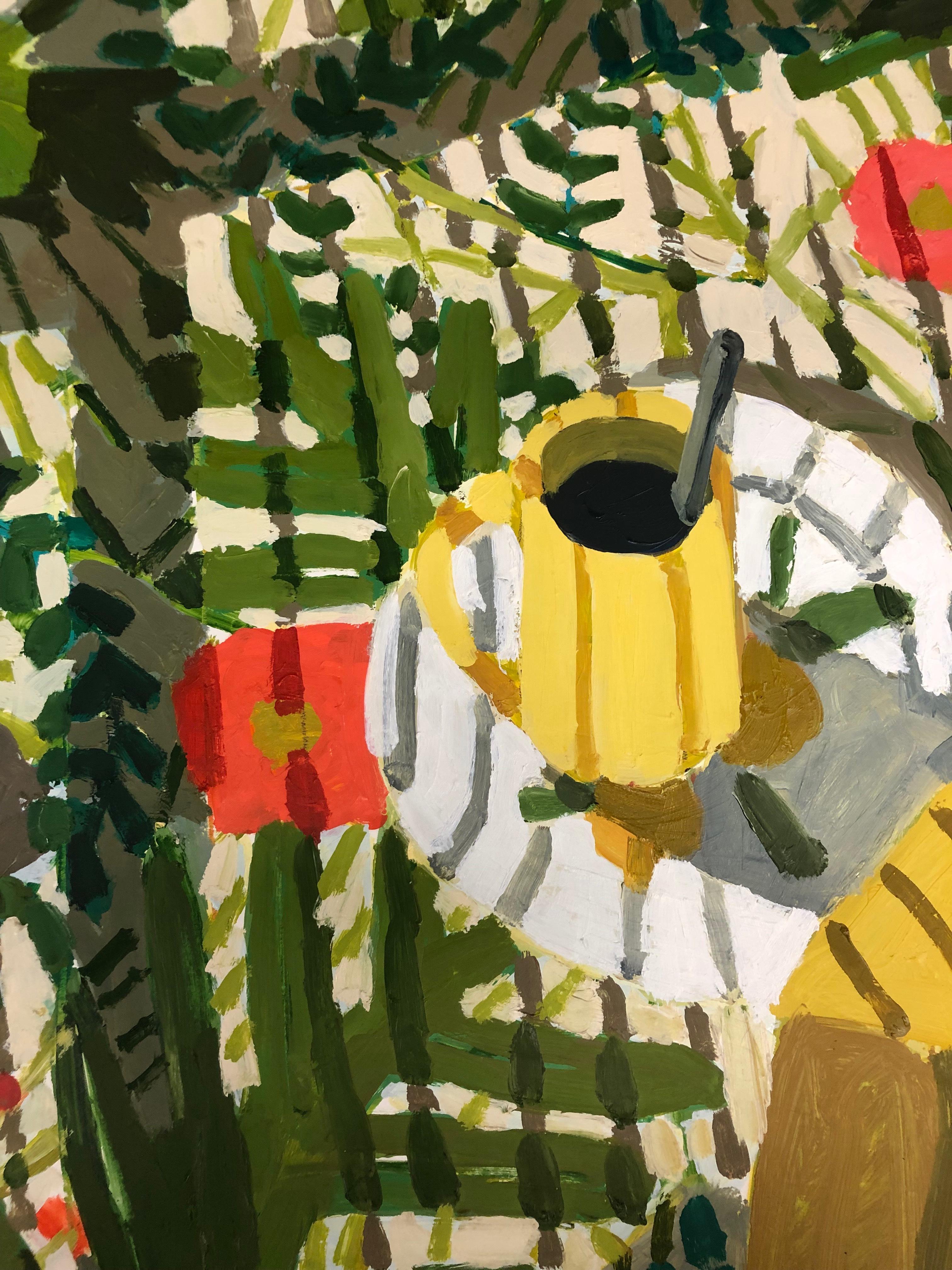 Breakfast on 27th, Vertical Still Life with Botanical Pattern, Yellow and Green - Painting by Sophie Treppendahl