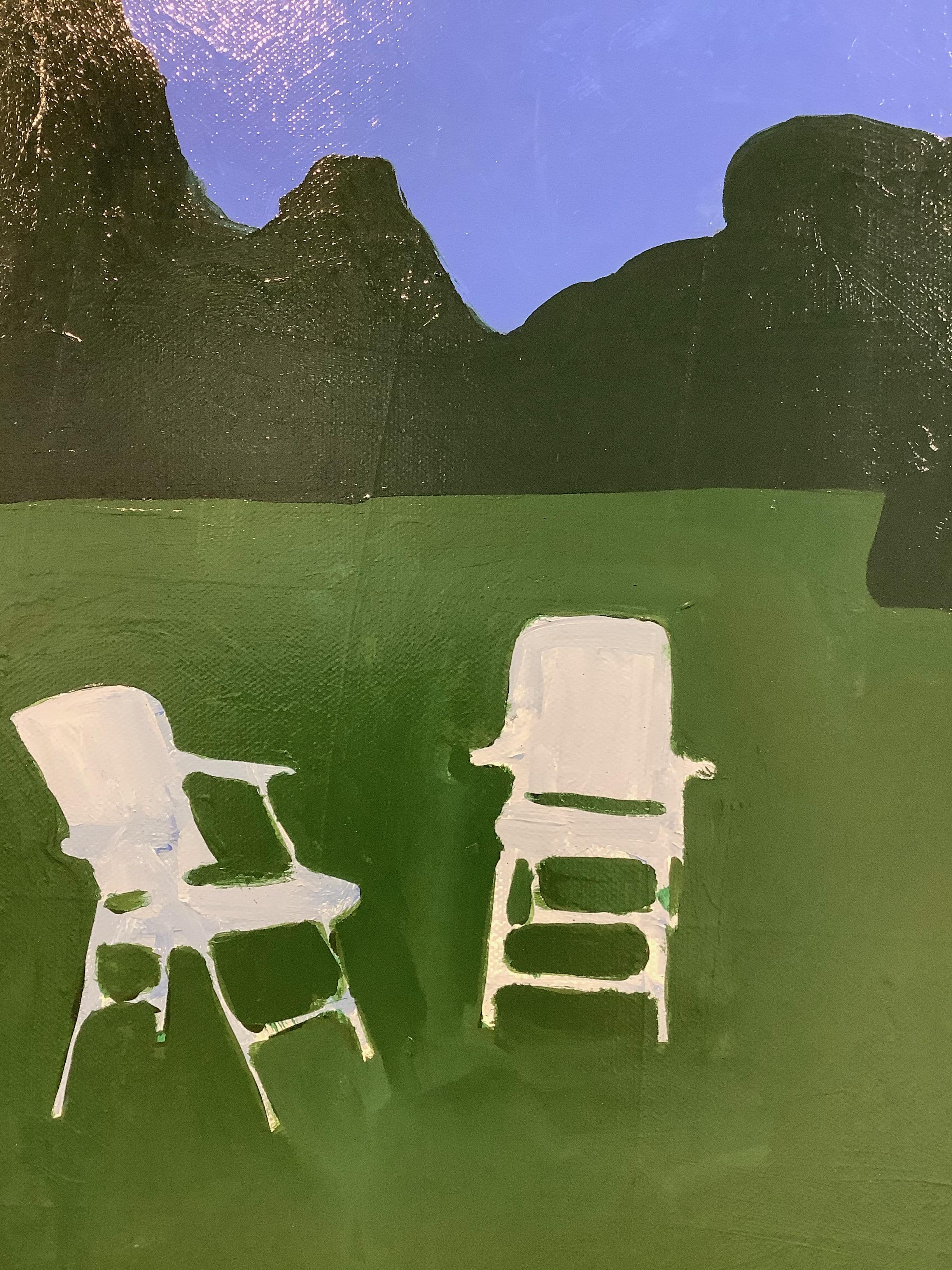 Chairs in Chief Michigan, Blue, Green Night Landscape Painting, Lawn and House 1