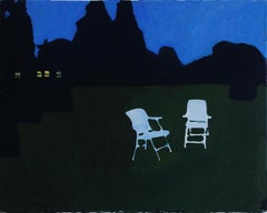 Chairs in Chief Michigan, Blue, Green Night Landscape Painting, Lawn and House