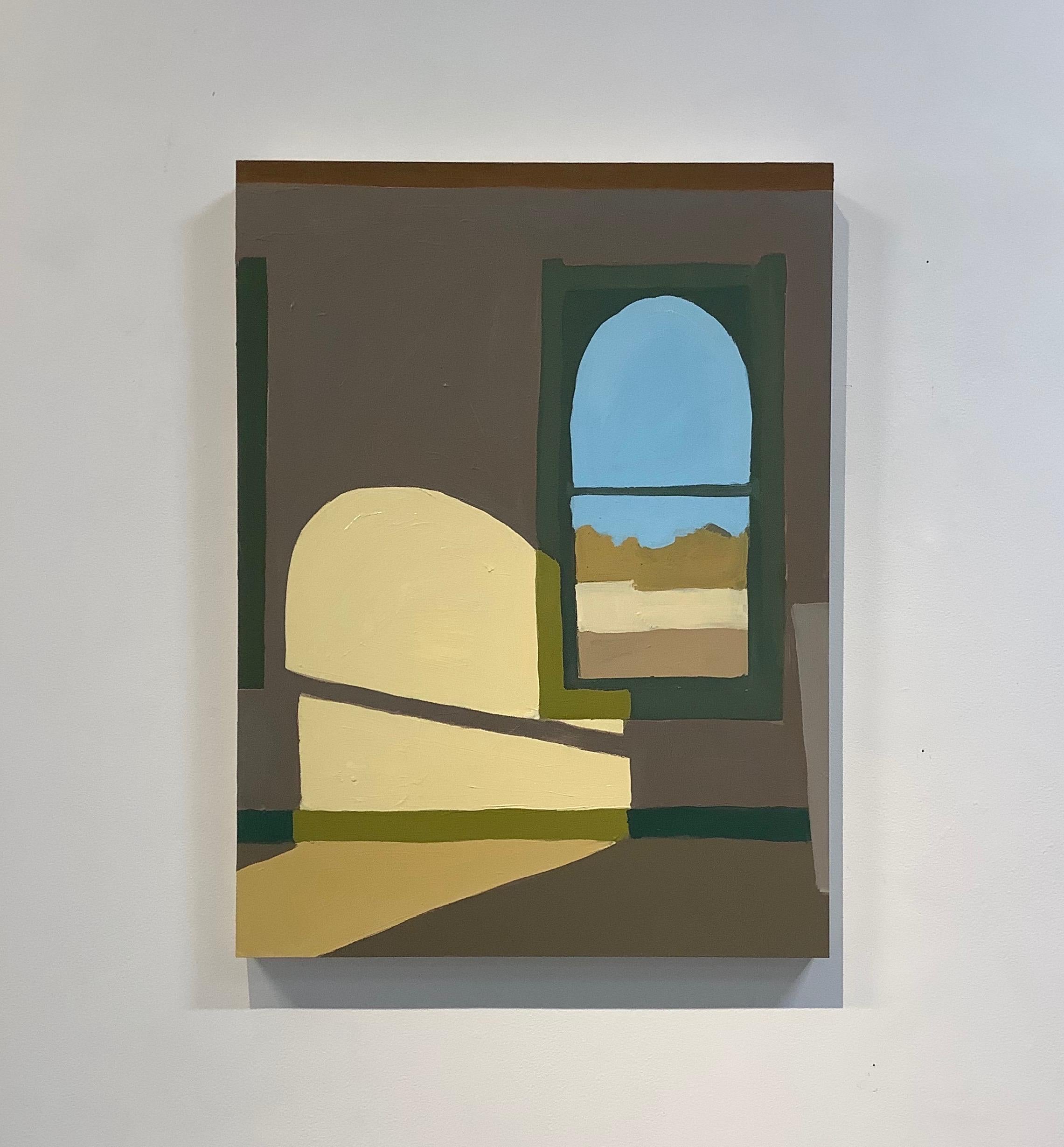 Corsicana Third Floor, Brown Interior with Shadows, Window, Blue Sky Landscape - Painting by Sophie Treppendahl