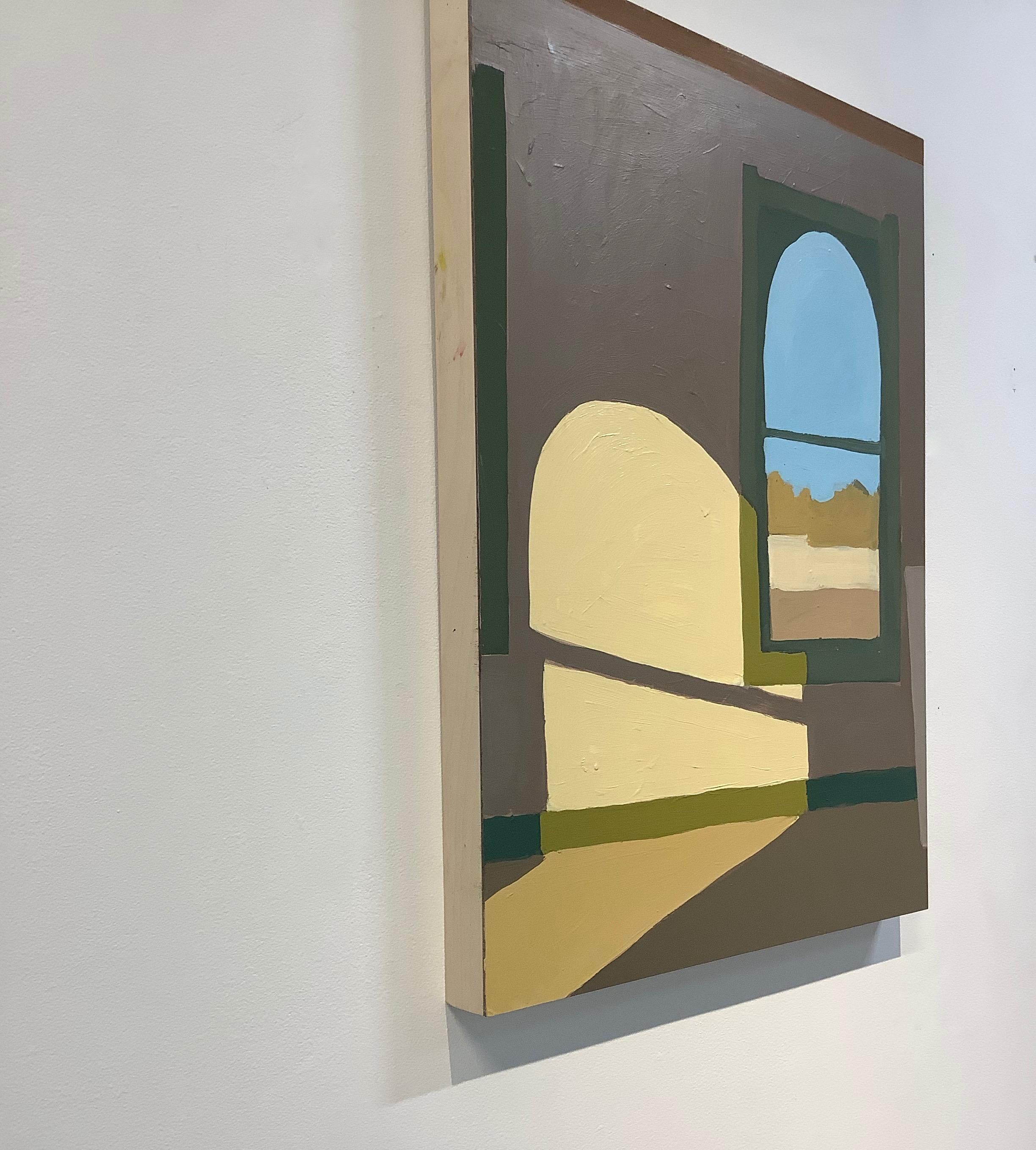 Corsicana Third Floor, Brown Interior with Shadows, Window, Blue Sky Landscape - Contemporary Painting by Sophie Treppendahl