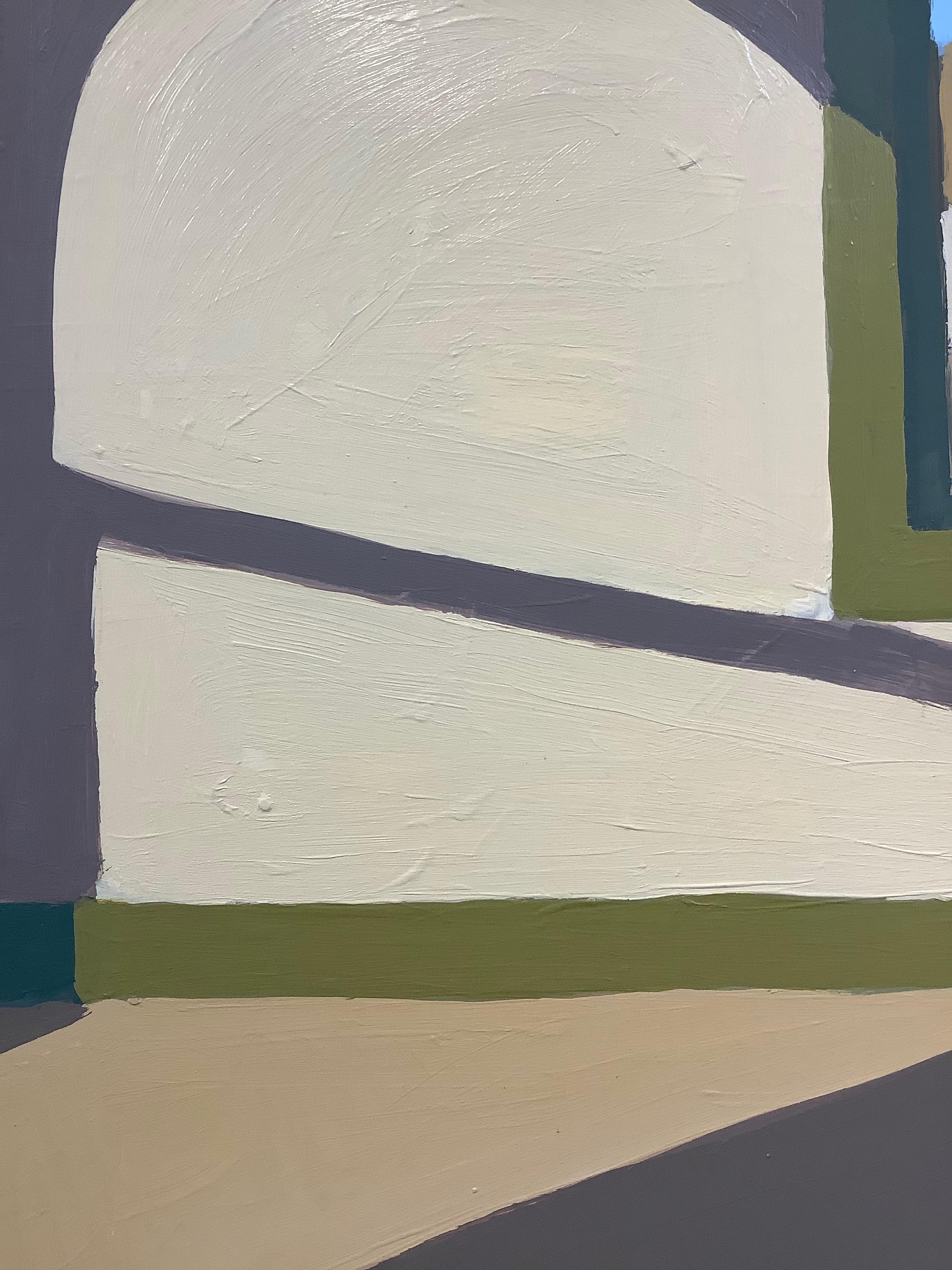 A peaceful view of blue skies and a hilly landscape out of the window in an interior in teal, green and brown is beautifully captured by Chicago-based artist Sophie Treppendahl. Light pours in to the room, casting a shadow across the wall and