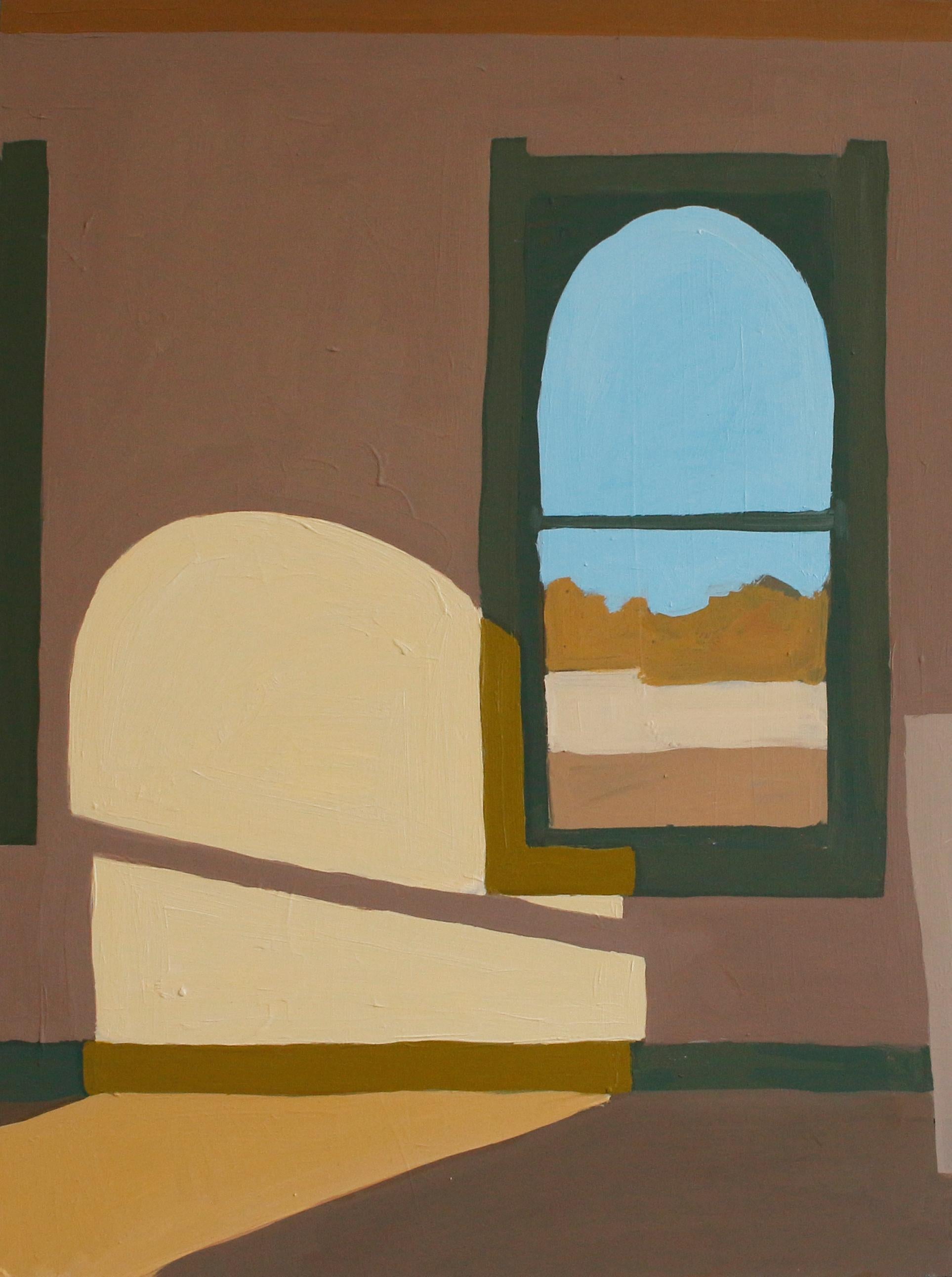 Sophie Treppendahl Landscape Painting - Corsicana Third Floor, Brown Interior with Shadows, Window, Blue Sky Landscape