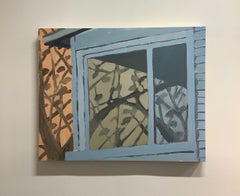 Corsicana Window, Pink Sky, Exterior View, Window with Trees in Gray Blue, Peach