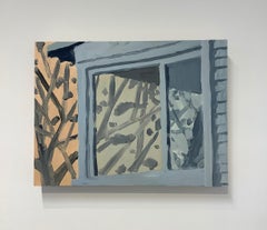 Corsicana Window Study, Pink Sky, View of Window with Trees in Blue, Gray, Peach